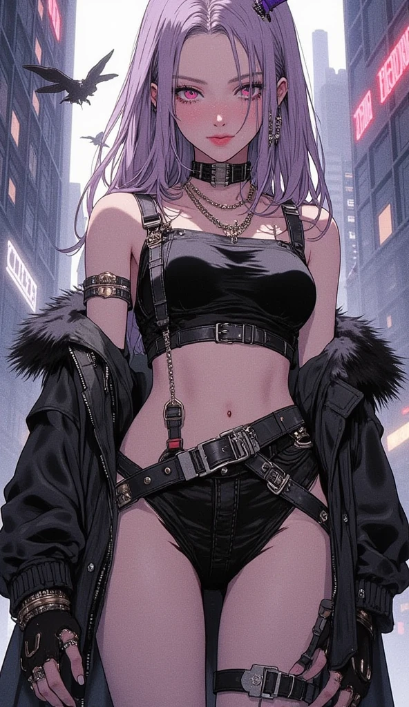 (Best quality at best,tmasterpiece),1girll,Purple colored hair(emo girl,a puncture:1.3),fishnets stockings,Ultra shorts,Belly exposure,There are complex tattoos on the lower abdomen,long whitr hair,the night,street corner,Exposed long-sleeved thick coat,Slim figure,Slim figure,the night,a darkness street,Garbage all over the ground,Condoms that are used in large quantities,Lots of damaged sex toys,No man's street,Dirty streets,Bust,Fine eyes,Super detailed face,Bust,Standing or sitting or squatting or lying down or standing
