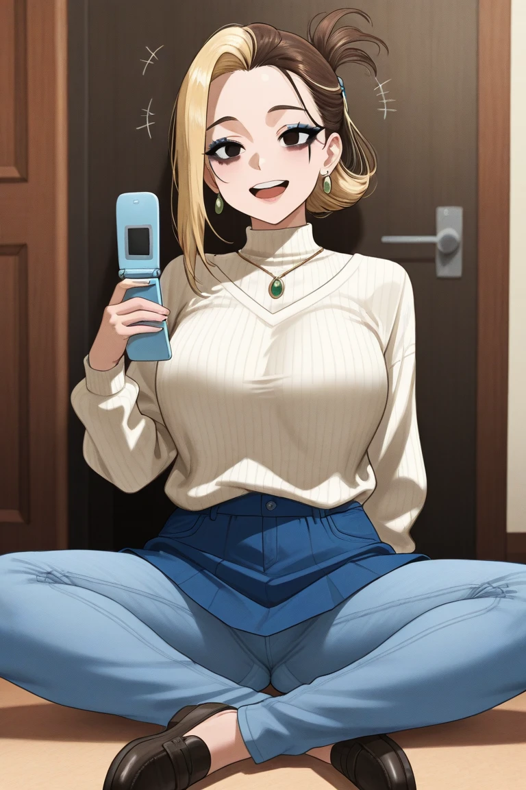 ((masterpiece)),((best quality)),ultra-detailed,illustratio,((masterpiece)),((best quality)),ultra-detailed,illustratio,outdoor,Jodie Starlin,1girl,solo,glasses,sitting,short hair,blonde hair,dark,head rest,crossed legs,toilet,looking at viewer,phone,lipstick,dress,smile,nail polish,makeup,cellphone,toilet paper,grey eyes,toilet use,chair,sweater,blue eyes,wallpaper,Beautiful body,Beautiful Nose,Beautiful character design,perfect eyes,perfect face,ultra highres,4K,(Beautiful, large breasts:1.2),(beautiful face:1.2),(narrow waist),shiny skin,official style,anime screencap,full body,anime coloring,meitantei conan,<lora:Jodie Starlin:0.7>,indoor,