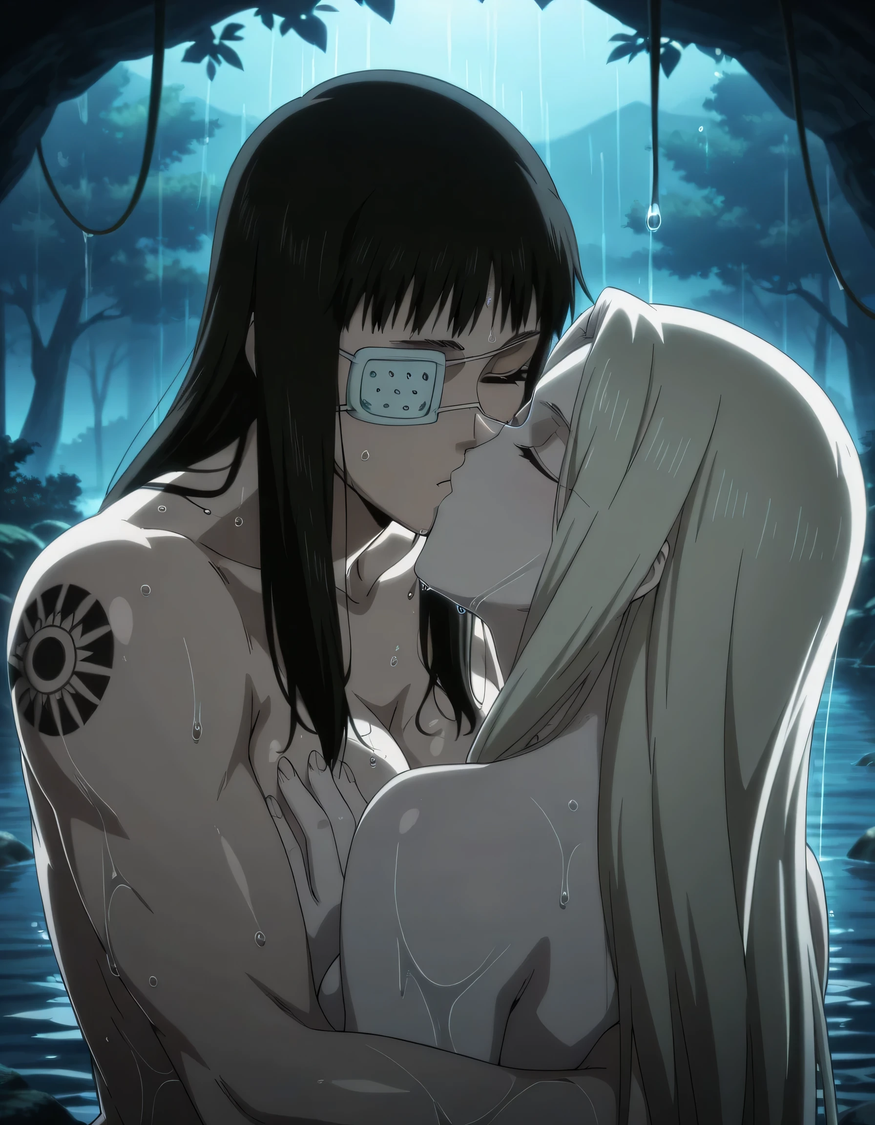 2girl,solo,mm,mature female,black hair,eyepatch,close eyes,,anime coloring,long hair, muscular, tattoo on Valmet,naked,masterpiece,best quality,amazing quality,,muscles lines,Valmet with beautiful irisviel having a long gray hair,irisviel naked,irisviel soft body,lesbians,yuri,Valmet have a penis,in river inside jungle,Valmet take a shower with irisviel in river,wets bodys,trees and rocks around Valmet and irisviel,medium breasts,irisviel soft body,,Valmet hugs irisviel from behind,irisviel sitting her back on Valmet lap,Valmet arms around irisviel belly,wet,in night,Valmet and irisviel standing,Valmet kissing irisviel mouth,irisviel kissing Valmet mouth,greedily kissing,beautiful kissing,close eyes irisviel,dynamic kissing m,kissing as anime,Valmet tall is 184cm,irisviel tall is 163cm,dynamic mouths kissing,kissing so greedily,Valmet hugs irisviel tight,irisviel arms hugs Valmet neck tightly,lustfully kissing,irisviel body small than valmet body,Valmet body too stuck in irisviel body,deep kissing,too close to character faces view,Valmet and irisviel controls kissing,High-tempo kissing between characters,irisviel head above Valmet head,too wets,united kissing,irisviel weak