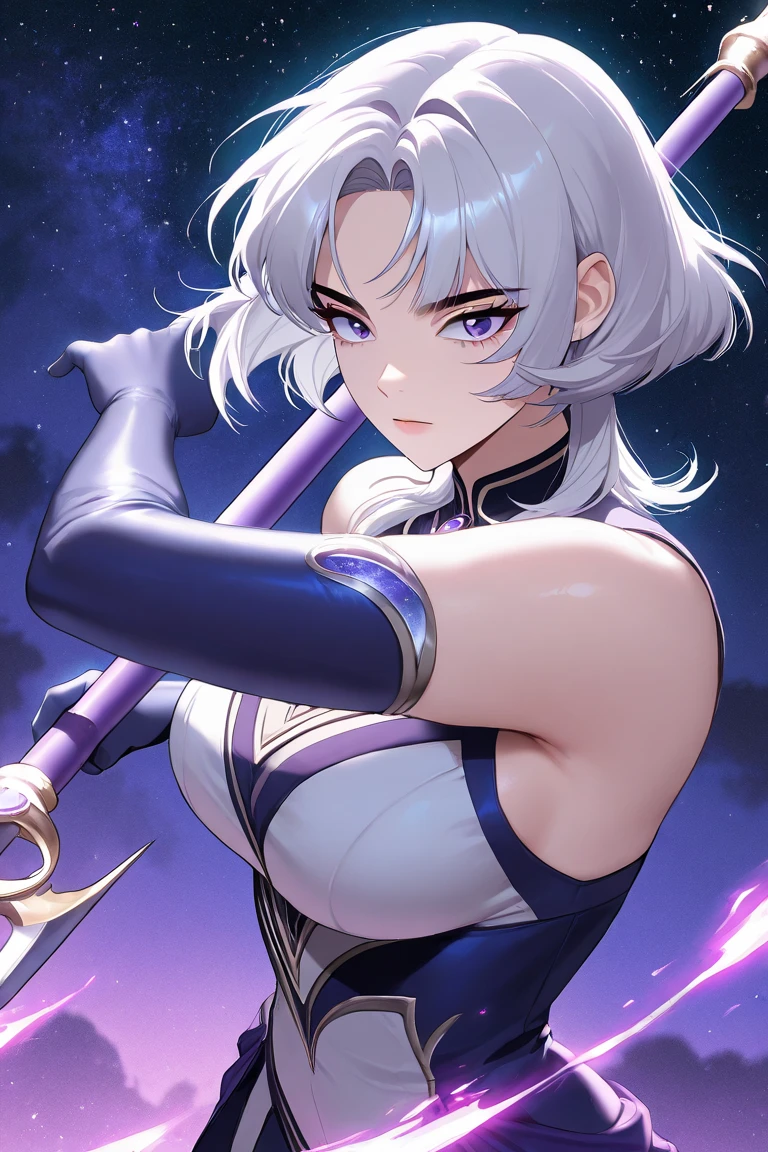colorful, 1girl, white hair, purple eyes, dual wielding, sword, holding sword, blue flames, glow, glowing weapon, light particles, wallpaper, chromatic aberration,
