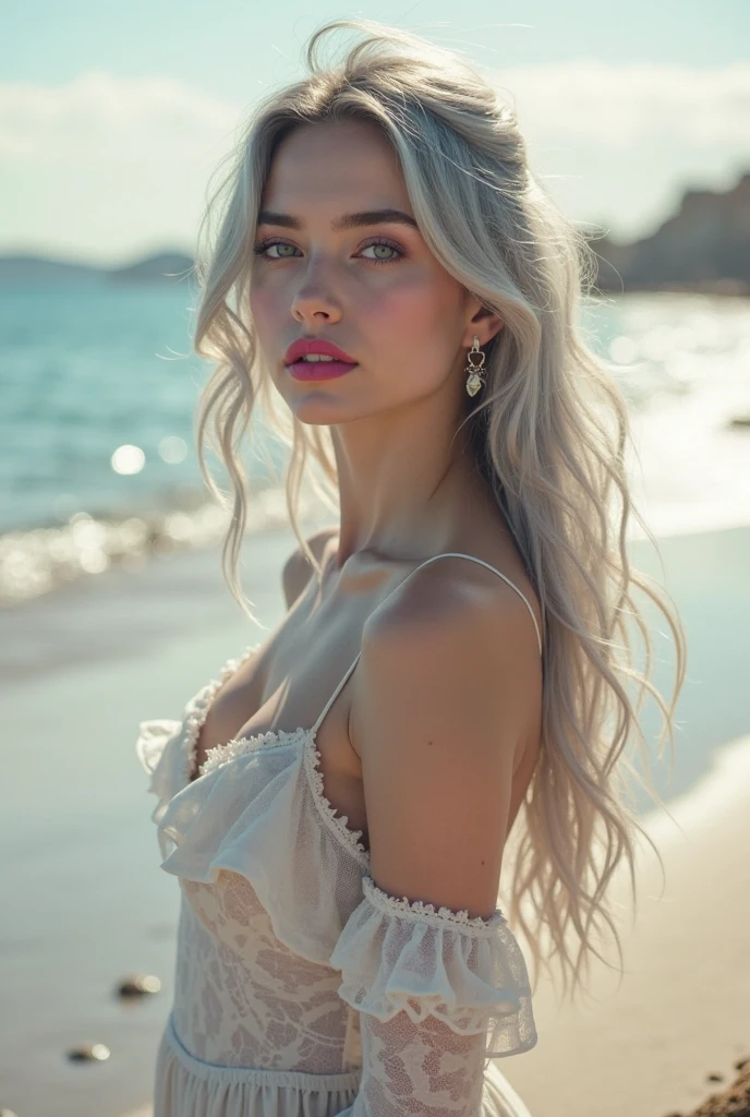 Woman in white tank top and ripped jeans, Sexy girl with green eyes, Portrait of Sophie Mudd, (Big Eyes:1.2 ), (Subtle turquoise eyes), (Voluminous white hair:1.8), (Silver-haired hair), (large eyes), (Silver-haired hair), (large eyes), (Silver-haired hair), (large eyes), Selfie of a young woman, without makeup, natural makeup, Straight Looking at the Camera, Faces with artgrams, Subtle makeup, Amazing full-body shots, Pierced green eyes, Beautiful angles, attractive pose, Cute Girl, Sexy Pose, full body photograph, s whole body, full body shooting, Brunette Goddess, High Detail, Satisfying pose, seaside, waves, Sunny weather