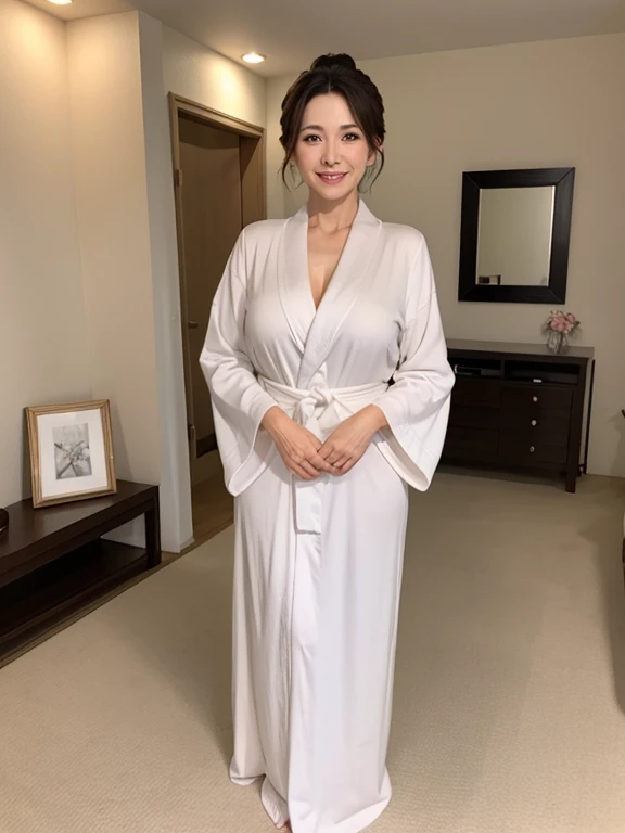 最high quality, 8k,  lively, sharp focus, high quality, High resolution, middle-aged women, mature woman, 45 years old, (Full body Esbian), (Detailed face wearing high heels, highly detailed eyes, thick lips, Plump body shape、Plump face、big breasts、big ass、In bathrobe、Fluttering figure、View of the shower room、random hairstyles、