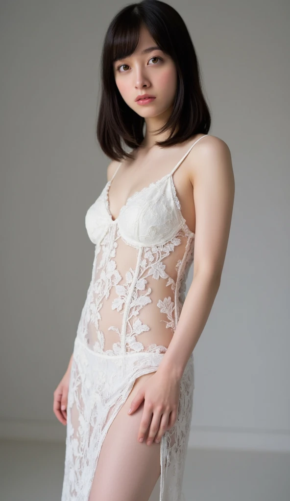 ((Highest quality、8k、masterpiece:1.3))、Sharp focus:1.2、Beautiful woman with perfect style:1.4、Place your palms on your cheeks:1.2、Whole body 1.2((Brown haired、Model body type:1.2))、Standing leaning against a wall、White wall background:1.2、Shortcuts、Highly detailed face and skin texture、Detailed eyes、double eyelid、Beautiful white skin、Pure、Please put your hand on your cheek、Eyes closed and mouth in duck shape、kiss、Images showing the person's entire body,
Narrow shoulders, Beautiful clavicle, thin arms, length, Thin legs, Small Ass, Very good,
Slim figure, The beauty of slim abs :1.2, thin waist :1.2, thin thighs :1.2,
Ultra-detailed skin, Fair skin, Glowing Skin, Ultra detailed face,
Slim face contour, Beautiful small face, Beautiful nose,
超Detailed eyes, Long, narrow eyes, Brown eyes, double eyelid, Extremely fine eyebrows, thin, Long eyelashes,
Ultra-detailed lips, Plump and moisturized lips, Glossy pink lips, Blushing, ((White beautiful teeth)),
Fatigue Make-up, Pink lipstick,
Dark brown hair, Delicate and soft hair, Hair blowing in the wind,
(Put your hair up, Medium Short Hair, ponytail:1.2),
Layered Cut, (Blunt bangs:1.2),
Cute Smile, mouth half open, Dreamy look, ((Staring at the audience)),
(((Photorealism,Shooting the whole body from the thighs:1.2))), ((Body facing sideways)),
Dynamic Lighting,
(Wearing sexy white lace see-through underwear:1.2),
((Gorgeous Earrings, Silver Necklace)),
Eco and bright background,