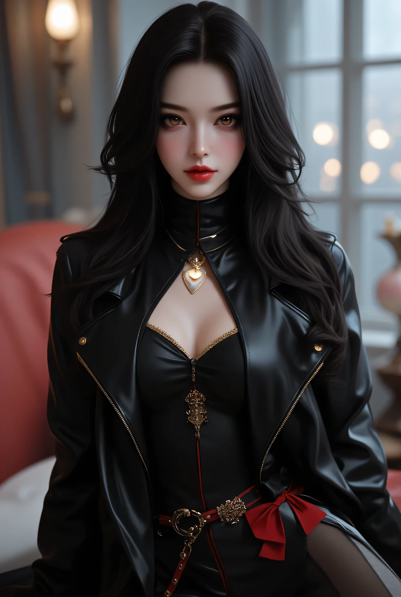 (best quality,ultra-detailed),solo malo,dark hair,red eyes,beautiful detailed eyes,beautiful detailed lips,white shirt,black jacket,skin,black jeans,black gloves,choker,slim