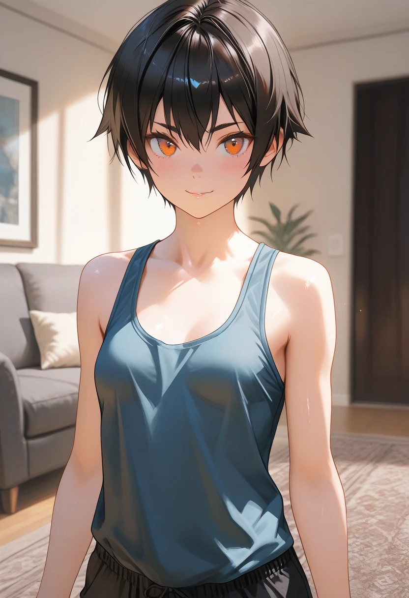 Highest quality、Realistic、man、zoom、Orange eyes、short black hair、Tank top、Bikini Shorts、thin、Dark Skin、Inappropriate smile、Bedroom、Bust Shot、