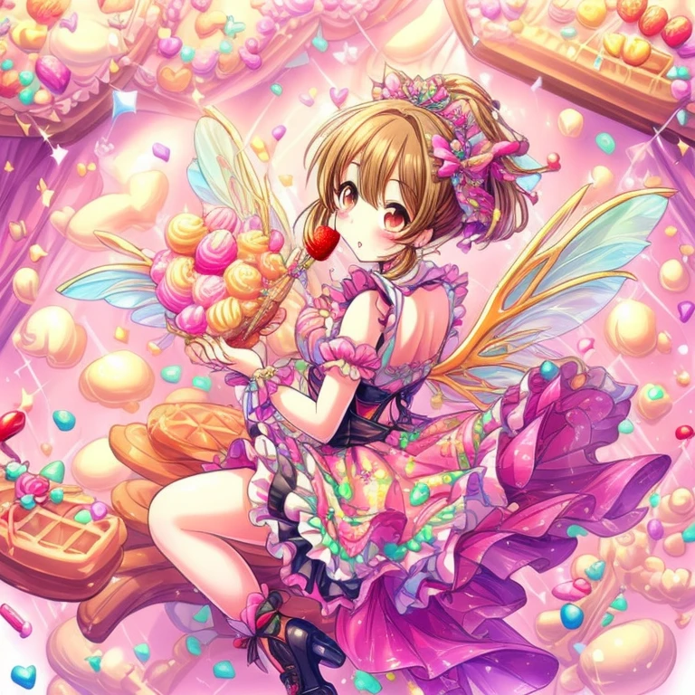 1gilr, hori yuuko, exclaire,dress:(A brown-based dress with a waffle-shaped draped peplum attached symmetrically to the bottom of the corset, and beautiful fairy wings growing from the back, reminiscent of a waffle.The dress has a motif of cream and chocolate sauce, and the skirt is decorated with frills and waffles. It is a long princess dress with a fluffy pink pannier and a waffle-shaped skirt.Beautiful, Her dress  with whipped cream-like frills, and her hair is tied with candy-shaped ornaments, clear fairy wings growing from her back,A cute princess dress inspired by waffles),(Exquisite beautiful highly detailed masterpiece in high quality and high resolution),On the white wall, soft, thin lines are drawn in pale colors, creating a delicious-looking image.An illustration of a beautiful antique dress in vibrant colors with beautiful transparent fairy wings on a background decorated with waffles of various flavors, Iridescent Sweets Land,A Pastel Girl in a Fantastical Candyland, surrounded by glowing pastel sweets, The background is filled with giant glowing lollipops and macarons.Front angle.