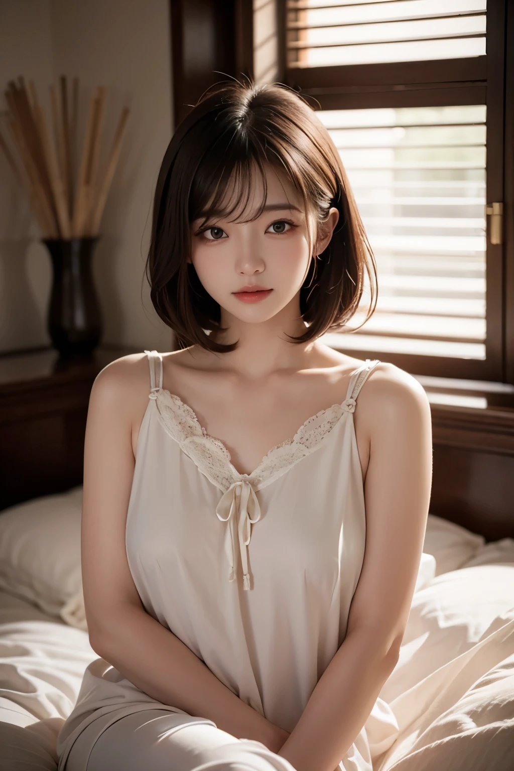 (8k, RAW Photos, highest quality, masterpiece:1.2), (Realistic, photo-Realistic:1.4), (Highly detailed 8k wallpaper), Famous Japanese Idols, 20 year old girl, Korean Model, Narrow Face, Detailed face, Perfect female body, Toned Up, Medium Short Hair, Messy Hair, Blunt bangs, Light brown hair, camisole, Happiness like a goddess,