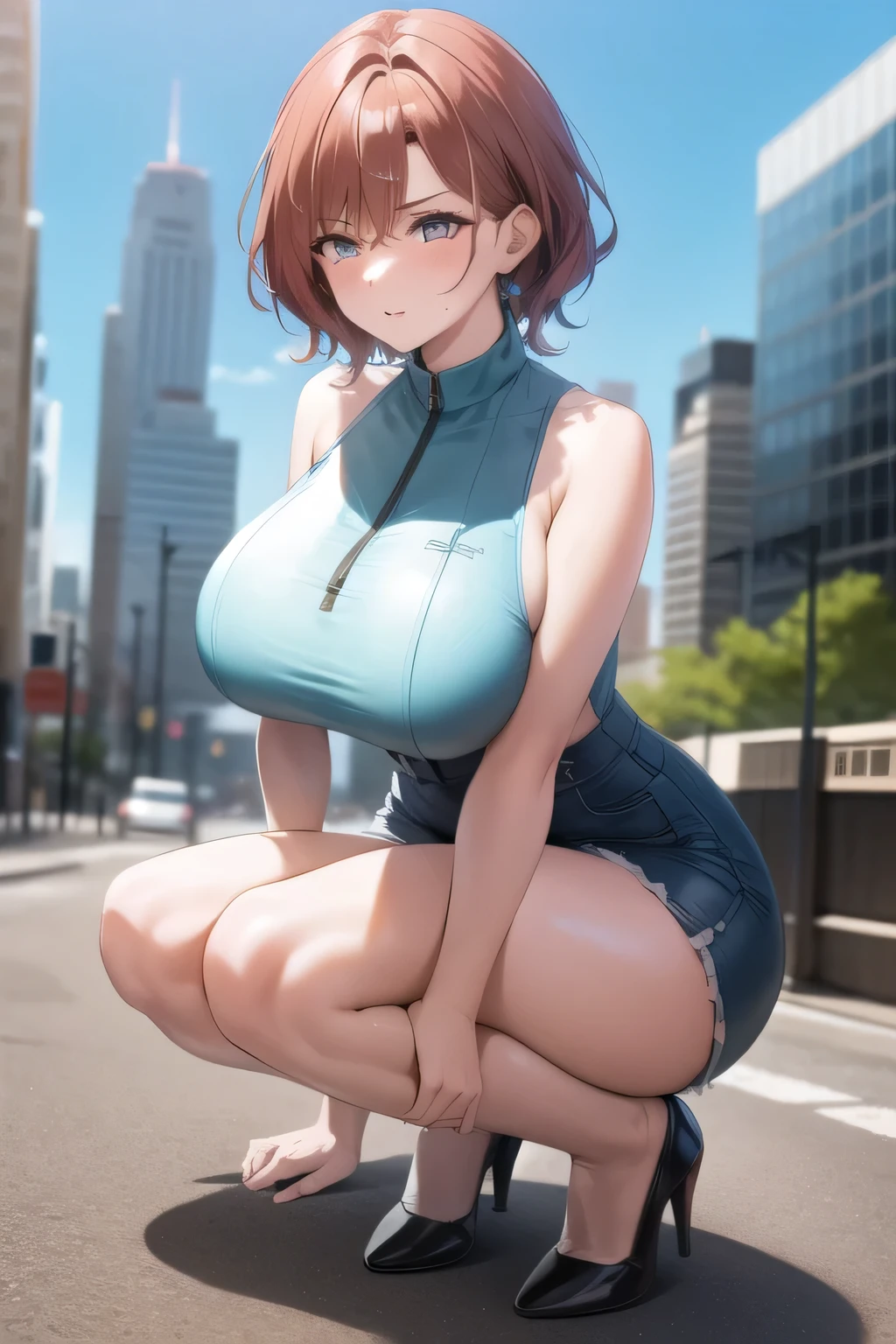 1 girl,Blue leotard,Super High Leg Cut,blue eyes,serious face,brown hair,bob hair,New York City,big breasts,blush,Sweat,barefoot,bare hands,diagonal,thin,walk,embarrassing,On Patrol,