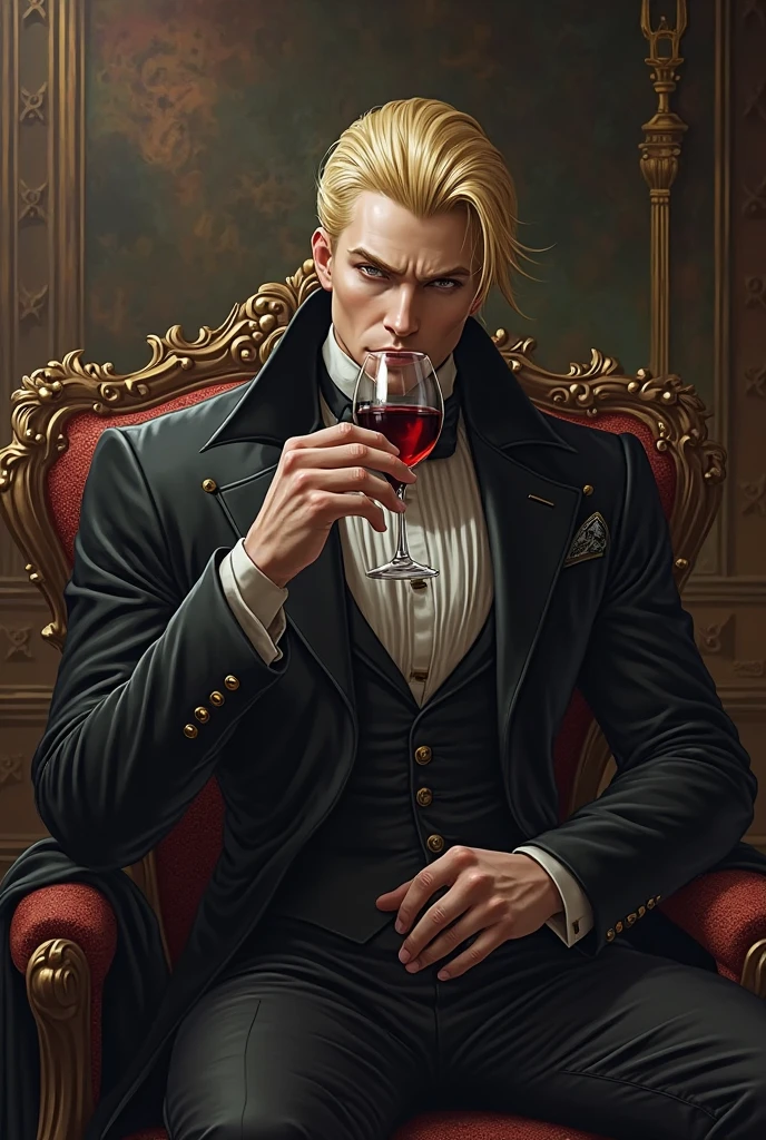 Vampire, Full Portrait, 8k, angle, text png | A masterpiece, the most detailed, the highest quality, the perfect look. Too much realistic oil, build fit, man, muscle, vampire, pale skin, sitting on a throne, holding a wine glass, slightly blood staining on the face, solid color image, corset