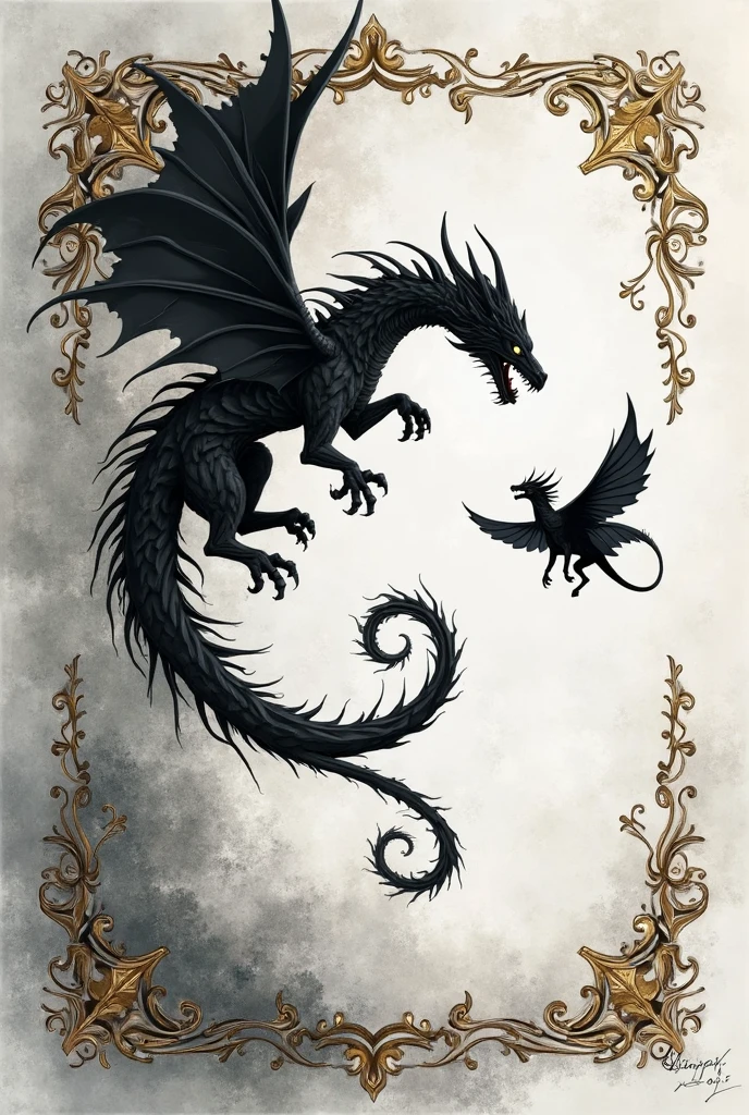 Black dragon sitting on an arrow, with wings