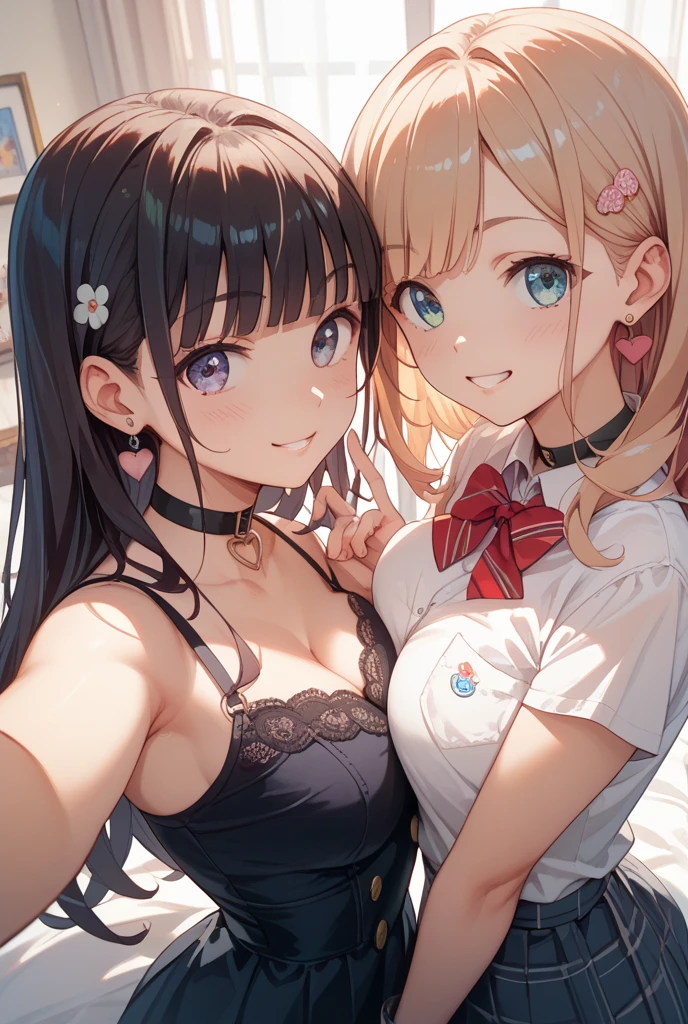 realistic, Selfie of two girls, close contact with both breasts,, Maid clothes、nurse uniform、uniform、bikini、pleated mini skirt、cleavage emphasis、Lower milk is visible、Side breasts are visible、big breasts, smile、The belly button is visible、bold pose、accurate eye