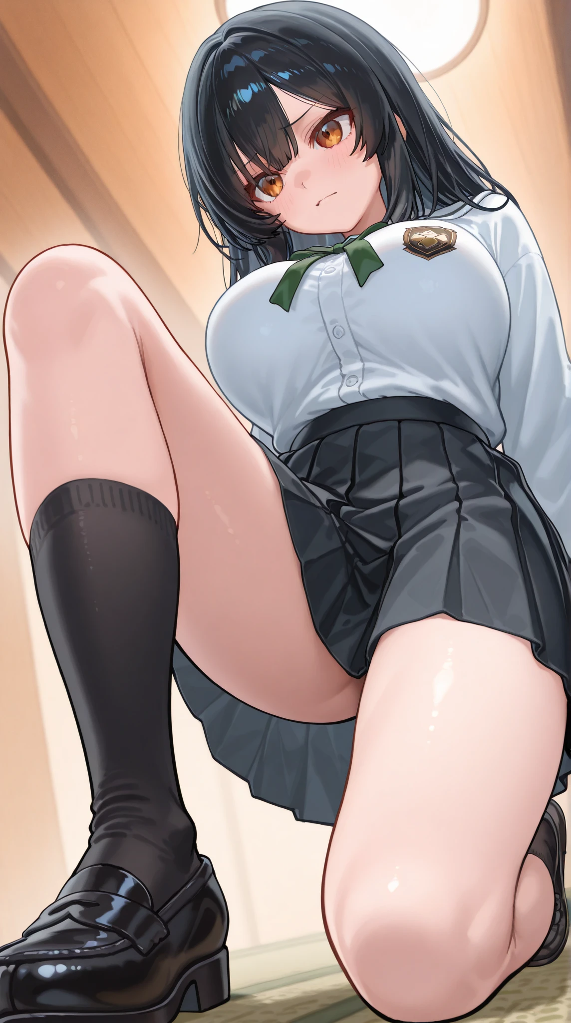 One Girl, Five Fingers, mini skirt, Looking down at the viewer, Black Hairロングヘアー, Highest quality, Focus on the thighs, Dynamic pose, smile, blazer, blouse, barefoot, Standing Split, classroom, Black Hair, Stylish pose,My thighs and groin are steamy 、Luxurious pure white panties