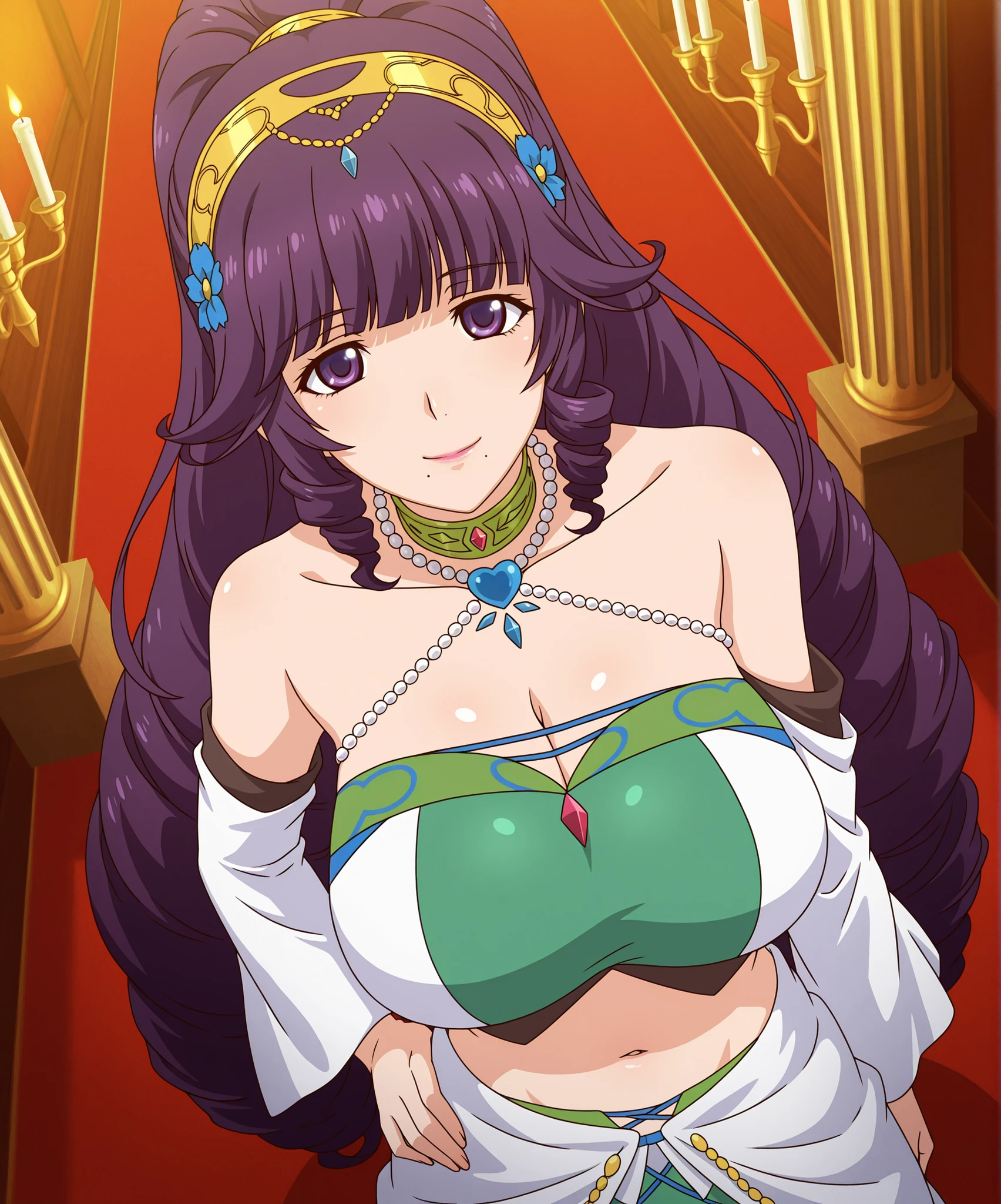 masterpiece, best quality, amazing quality, very aesthetic, absurdres, extremely beautiful, newest, uncensored, scenery, extra details, (sharp detailed:1.2), anime coloring,
beautiful detailed hair, shiny hair, beautiful detailed background, perfect anatomy, extremely detailed eyes, extremely detailed hair, (mole under mouth:0 . 8) 
yotsuba_maya,Sofya_O, 1girl, solo,, 1fwoman,1female, solo, tall girl, mature female, looking at viewer,
waist-length hair, very long hair, dark purple hair, high ponytail, ponytail, purple eyes, blunt bangs, drill sidelocks, soft lipstick, elegant makeup, serene expression, amused smile,
standing, upper body, high-angle view,dutch angle,looking at viewer,
hairband,tiara, aristocrat attire, aristocrat clothes,
jewellery necklaces, choker,bare shoulders top,navel,detached sleeves,sarong, skirt
luxury, classical interior, candles, soft lighting, rococo style,
standing,
high quality eyes, 
portrait, 
front angle,
upper body,
strong hands, 
hand on own hip,
hand in own hair, 
dignified, 
dignified expression, 
LOOKING AT VIEWER,