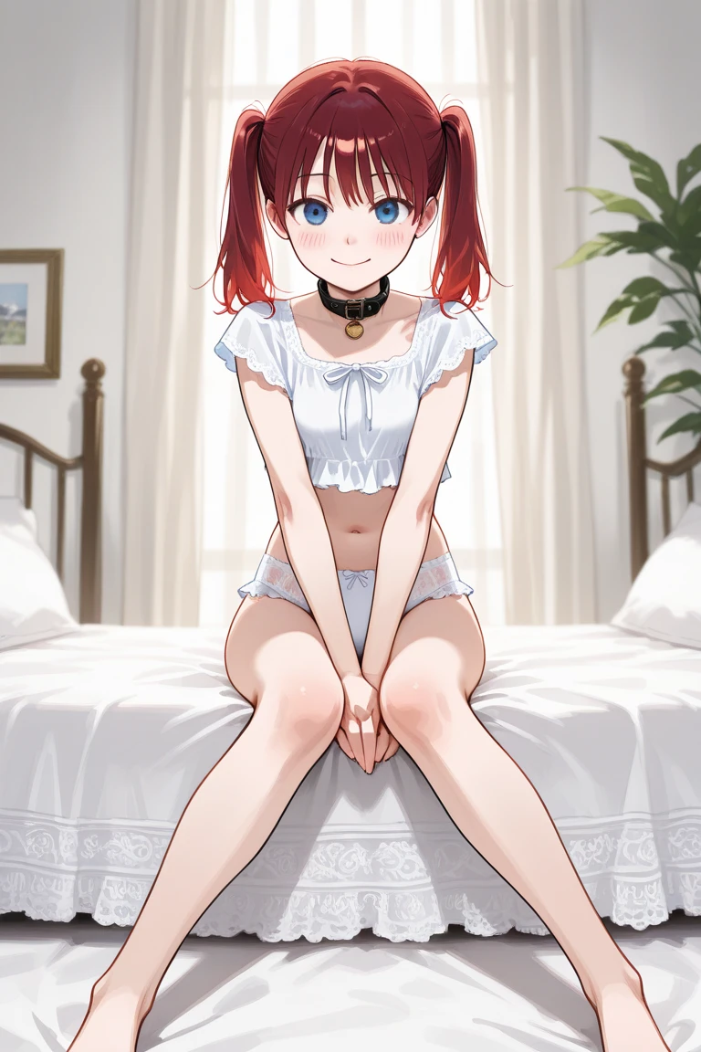 Plain white with emphasis on the chestTshirt、You can see the chest from the neck、Ultramarine and white striped mini skirt、When you lift up her skirt you can see her cute pink frilly underwear...、fluffy, White frilly flared skirt、When she lifted her skirt, She found some cute red frilly underwear、barefoot、Dog licks girl's crotch