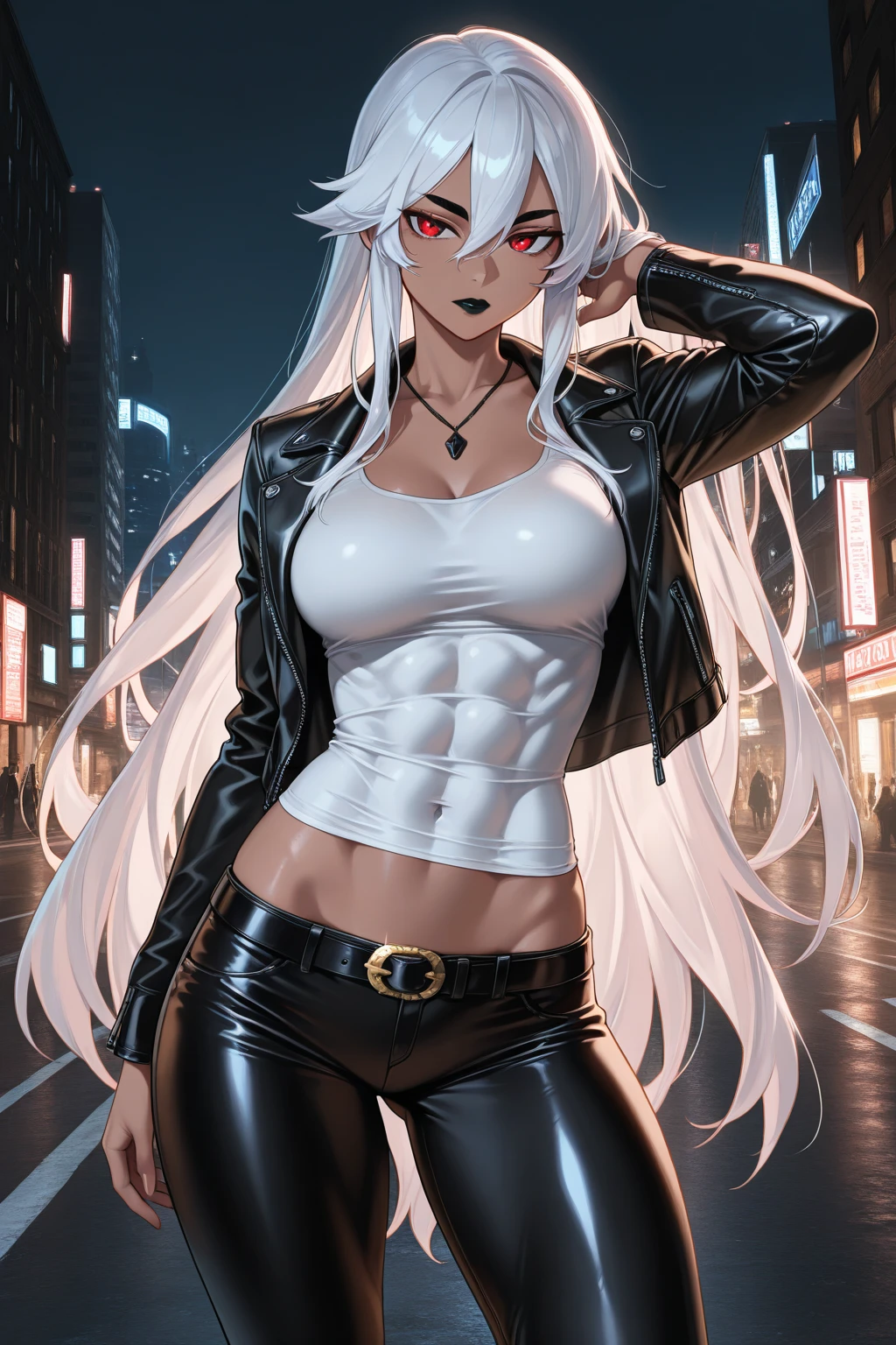 mirko mha, 1girl,solo,dark-skinned female, dark skin, large breasts,cropped jacket,abs, collarbone, yoga pants, thigh gap, thick thighs, black pant,looking at viewer, night time, crimson red theme,cityscape,cyberpunk, rabbit ears, rabbit girl, white hair, long hair, muscular female, red eyes, <lora:mirko:1>