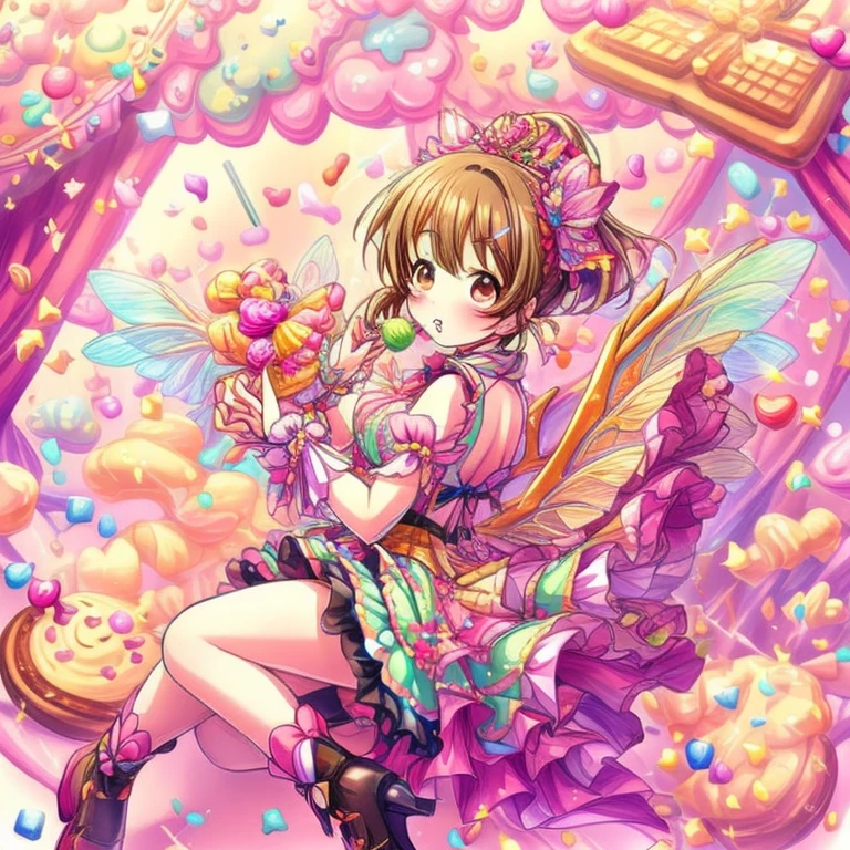 1gilr, hori yuuko, exclaire,dress:(A brown-based dress with a waffle-shaped draped peplum attached symmetrically to the bottom of the corset, and beautiful fairy wings growing from the back, reminiscent of a waffle.The dress has a motif of cream and chocolate sauce, and the skirt is decorated with frills and waffles. It is a long princess dress with a fluffy pink pannier and a waffle-shaped skirt.Beautiful, Her dress  with whipped cream-like frills, and her hair is tied with candy-shaped ornaments, clear fairy wings growing from her back,A cute princess dress inspired by waffles),(Exquisite beautiful highly detailed masterpiece in high quality and high resolution),On the white wall, soft, thin lines are drawn in pale colors, creating a delicious-looking image.An illustration of a beautiful antique dress in vibrant colors with beautiful transparent fairy wings on a background decorated with waffles of various flavors, Iridescent Sweets Land,A Pastel Girl in a Fantastical Candyland, surrounded by glowing pastel sweets, The background is filled with giant glowing lollipops and macarons.Front angle.