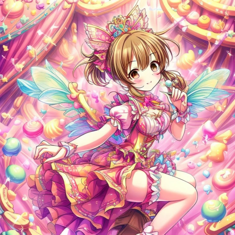 1gilr, hori yuuko, exclaire,dress:(A brown-based dress with a waffle-shaped draped peplum attached symmetrically to the bottom of the corset, and beautiful fairy wings growing from the back, reminiscent of a waffle.The dress has a motif of cream and chocolate sauce, and the skirt is decorated with frills and waffles. It is a long princess dress with a fluffy pink pannier and a waffle-shaped skirt.Beautiful, Her dress  with whipped cream-like frills, and her hair is tied with candy-shaped ornaments, clear fairy wings growing from her back,A cute princess dress inspired by waffles),(Exquisite beautiful highly detailed masterpiece in high quality and high resolution),On the white wall, soft, thin lines are drawn in pale colors, creating a delicious-looking image.An illustration of a beautiful antique dress in vibrant colors with beautiful transparent fairy wings on a background decorated with waffles of various flavors, Iridescent Sweets Land,A Pastel Girl in a Fantastical Candyland, surrounded by glowing pastel sweets, The background is filled with giant glowing lollipops and macarons.Front angle.