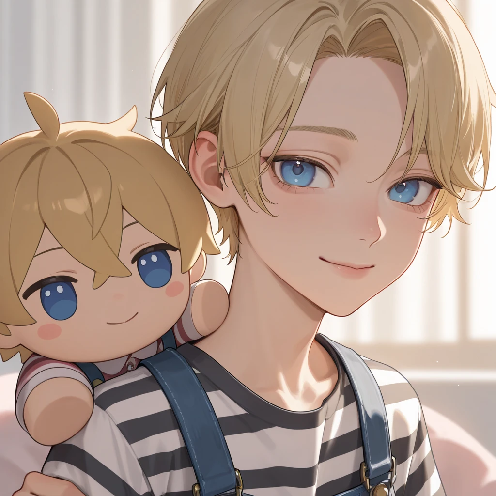 A detailed illustration of a handsome man with short blonde hair and green eyes, holding a one-year-old baby boy with short blonde hair and blue eyes. The man should have a gentle, caring expression, and the baby should appear happy and comfortable in his arms. The background should be simple, with soft lighting that highlights the warmth and connection between the man and the baby.