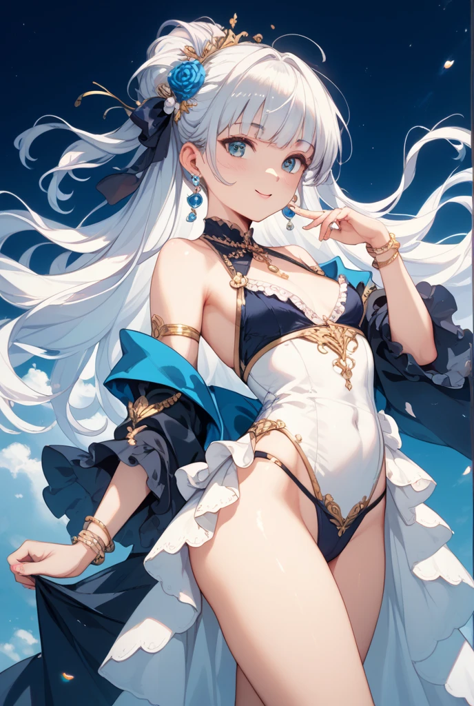 ((2D beautiful girl、top-quality、Perfect Finger 1.1、Perfect Anatomy 1.1、extremely delicate and beautiful illustration))、Solio、cute petit girl、(transform sequence)、(blanche(Princess leotard))、8years old、elementary student、Lori、Chiquita、Fractal Art、baby-face、((stright long hair))、big drooping eyes、A smile、Full body depiction、(1 persons)、(white aristocratic leotard)、blue sky royal palace courtyard、The color of the costume is blue and white、cat ear、Princess、