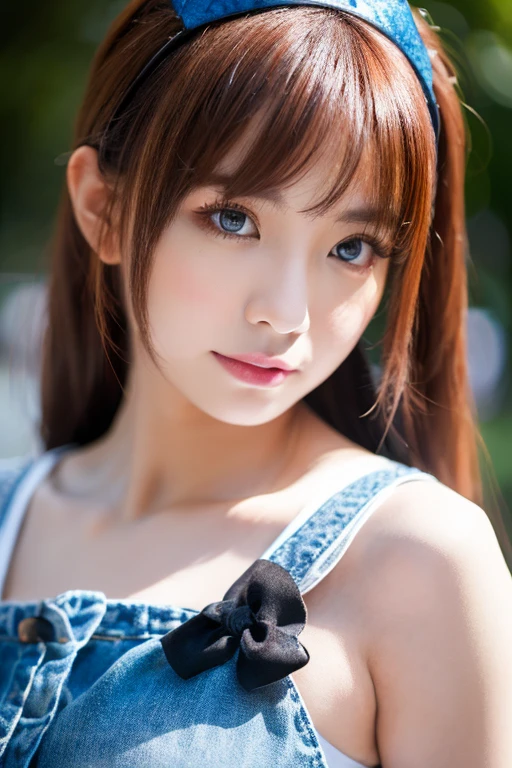 (Best image quality,4K,8k,High Resolution,Masseter muscle area:1.2),Ultra-fine,(Realistic,Photorealistic,Photorealistic:1.37),Portrait,Awareness-raising,Clear Background,ヘアのdetailed,Face detailed,detailed,Laughter,Beautiful Faces,cute、ponytail,Brown Hair,blue eyes,Big ribbon,Bright colors,Soft lighting