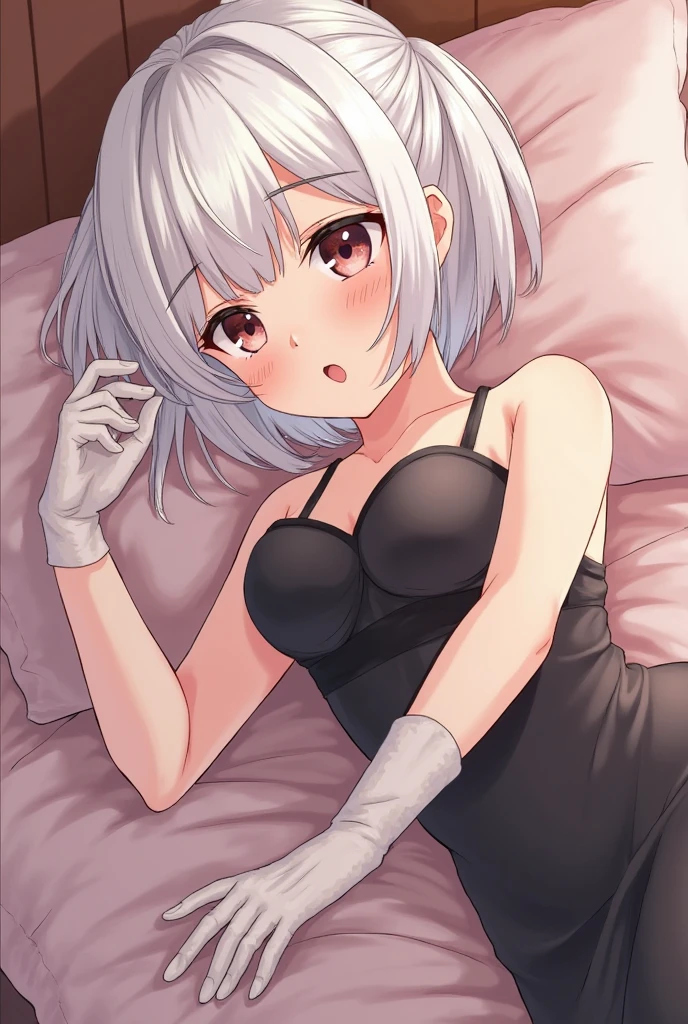 White Hair Girl、Pink Eyes、Short Hair、Only one girl、Night、In the bedroom、Blushing、laughing、Erotic、Stick your tongue out