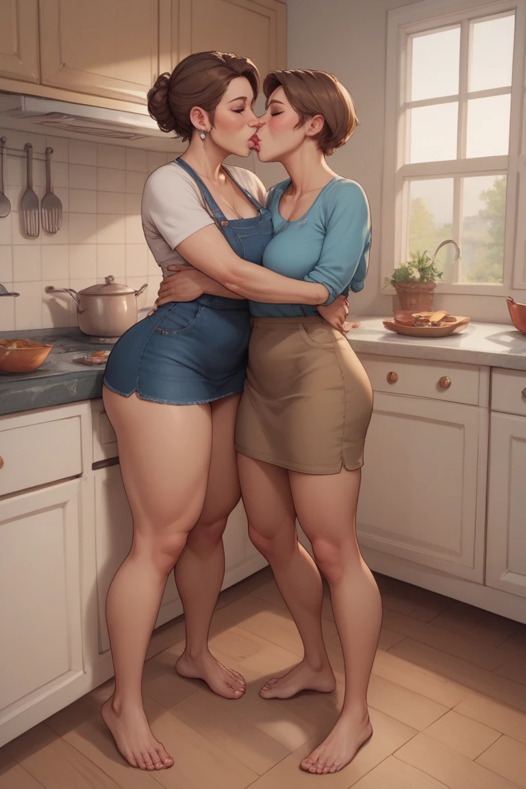score_9, score_8_up, score_7_up, source_anime, 1boy, 1girl, mature female, mother and son, ???, sitting side by side, kiss, on floor, erected cock, condom, after sex, apron, bbw, kitchen