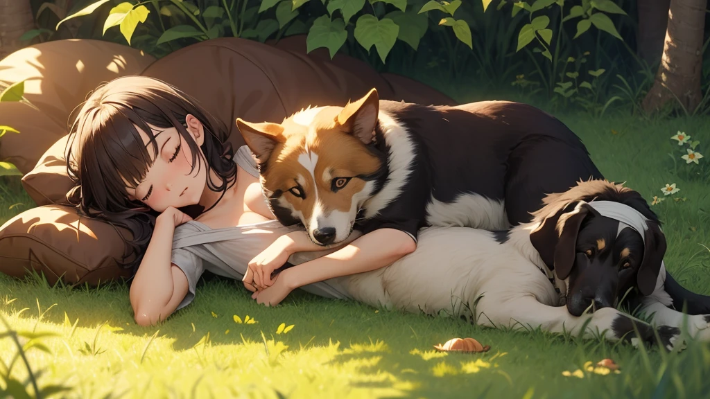 ​masterpiece、realisitic、Beautiful girl taking a nap with her dog Corgi dog on the grass in the shade of a tree