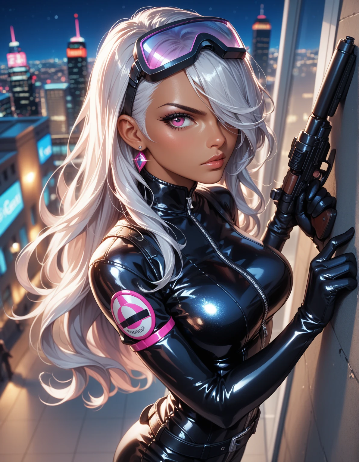 Black cat  from marvel world, Masterpiece, High Resolution, Best Quality, Detail, 1girl, Solo, night city ,white long hair , blue eyes , black choker , glossy lips , pink lips,tight black ???????? , unzipped ????????, ????????? stance , thick ???? , ?????????????, smile, closed mouth , eyes on viewer ,???? , portrait  , big ??? , from above,  full body  , jumping , in sky , hand use grappling gun , ????????? , ???? pose , 