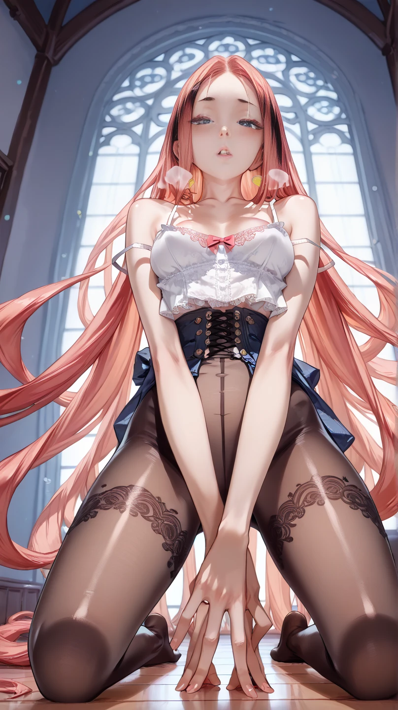 1girl, (Angle from below)、((On the balcony)), The girl bends forward to show off her breasts、legs apart, (Blonde), (shiny white skin:1.4)、Glowing Eyes, ((evil grin)), (5 years old girl), Multicolored Hair、Cap, pink rip, ((((Long sleeveless shirt)), Black Bra、Sheer miniskirt、((Panties with horizontal stripes)), (small breasts), (jewelry))), (close up breast:1.4), ((I'm wearing sneakers)),