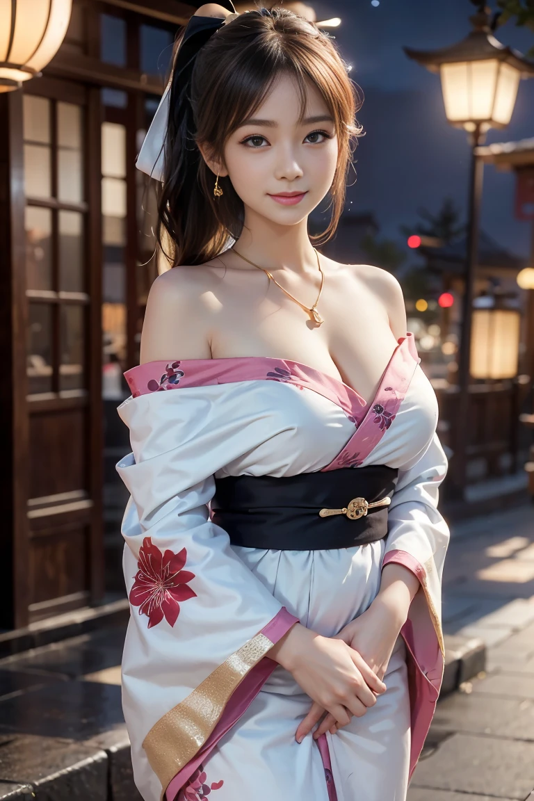 <lora:Twinkle_20240224165209:0.6>, kimono, apron, bow, puffy sleeves, best quality, masterpiece, illustration, realistic, photo-realistic, amazing, finely detail, incredibly absurdres, huge filesize, ultra-detailed, highres, extremely detailed CG unity 8k wallpaper, nsfw, close-up, A young Korean woman is standing in the street of an Edo-era wooden house, wearing a pink kimono with floral patterns. The camera is positioned close to her, capturing every detail of her beauty. The kimono is tied with a white apron at the waist, and a large bow adorns her chest, drawing attention to her ample cleavage that threatens to spill out of the garment. Her collarbone is delicate and graceful, framing her plump breasts perfectly. Her hair is styled in a traditional Korean bun, and she wears a hairpiece with flowers. She gazes at the camera with a sultry expression, her full lips slightly parted.