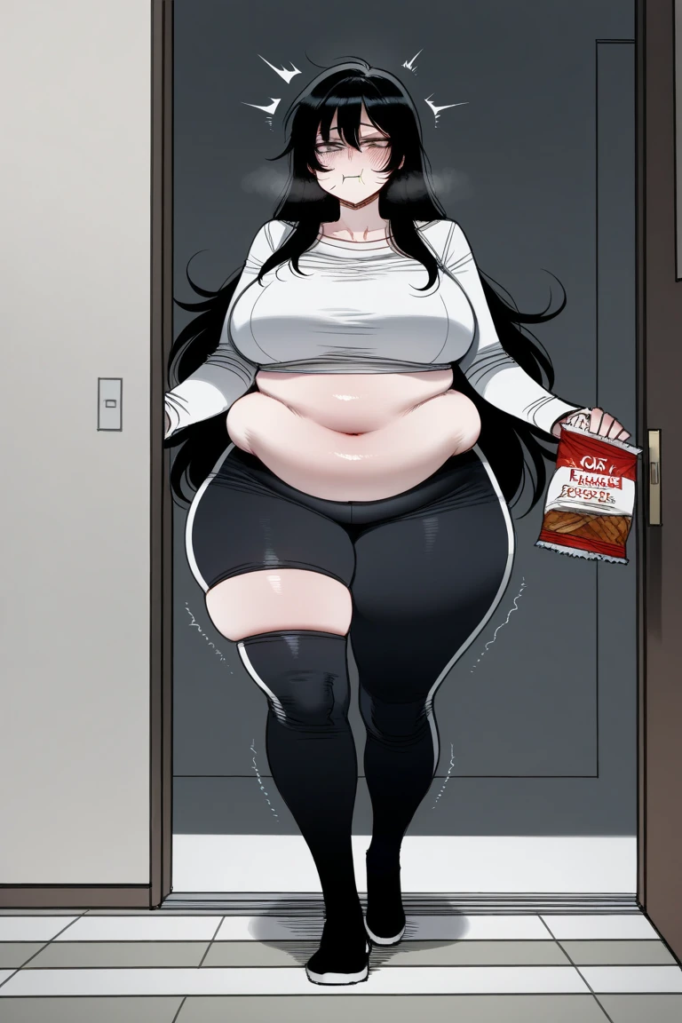 ((Dinosaur)), ((sauropod girl)), ((incredibly tall)), ((very long neck)), ((ssbbw)), ((anthro)), ((shorts)), ((black hair)), ((white tube top)), ((long black hair)), ((obese)), ((morbidly obese)), ((scalie)), ((dressing room)), ((incredibly long neck)), ((giantess)), ((looking down at viewer)), ((short perspective))