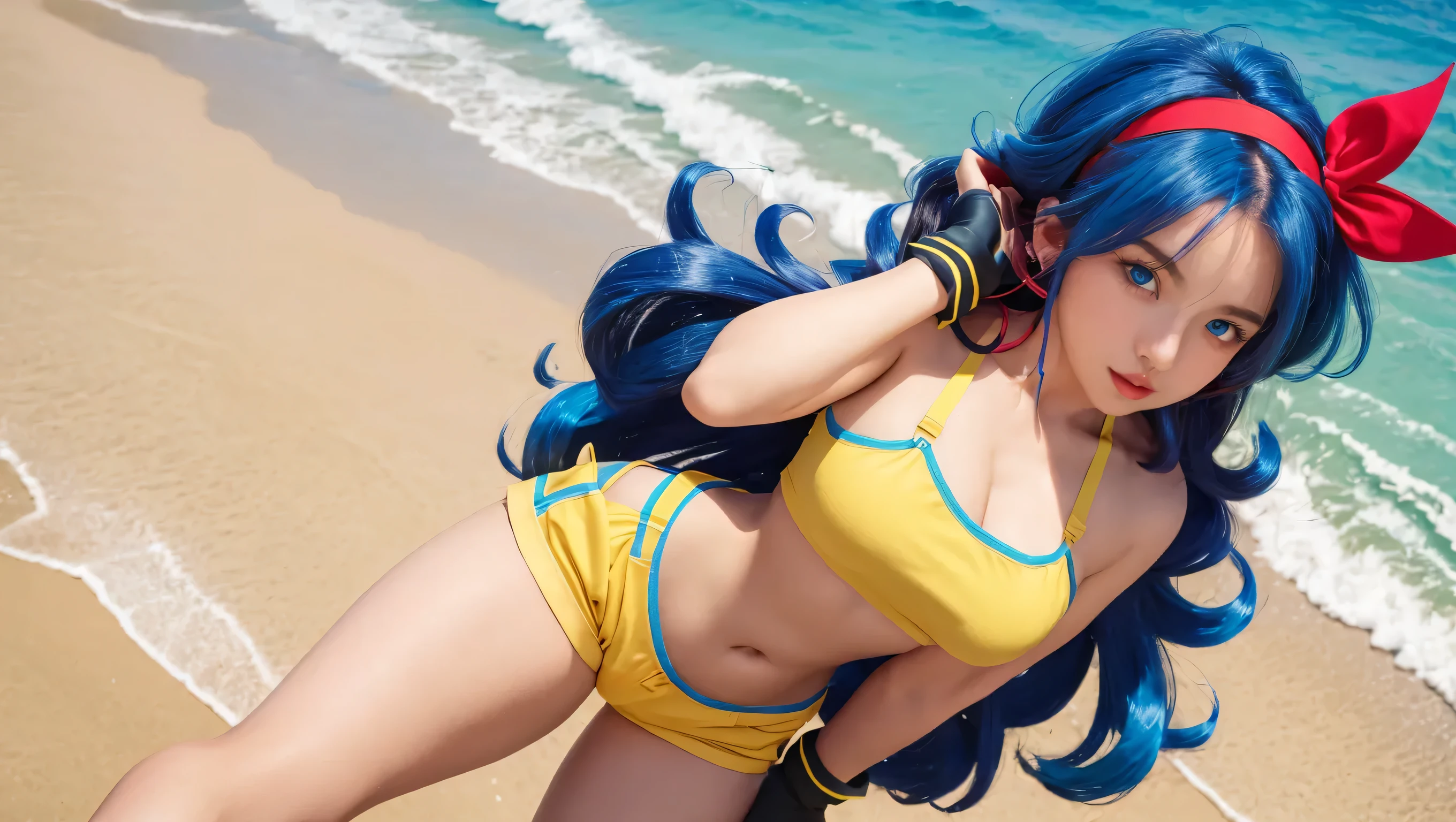 最high quality, 8K, Super detailed, photorealistic,HDR, RAW image, high quality,(masterpiece, 最high quality:1.4), cinematic light, colorful, high contrast, (1 girl), UltiOP, One Piece Anime
((big breasts)), striped hair, colorful hair, long hair, (blue hair:1.3, pink hair:1.3), bangs, (horn:1.1), (pink eyes:1.3), dynamic pose, free pose, stand, extreme close up, smile, blush
(blue and white bikini:1.5), (swimsuit:1.3), (beach:1.3), (coastal:1.3), (cafe by the sea:1.3), 16 years old