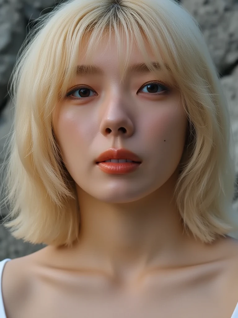 An image of a busty prisoner, blonde bob hair, gorgeous, on a field, scorching sunny day, bloom, (detailed skin complexion:1.2), best quality, deep color, complex shading effect, ambient occlusion, highly detailed textures
