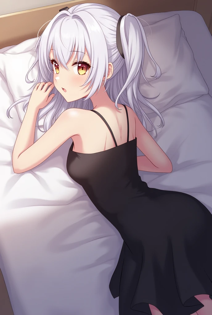 anime girl with gray hair, wearing a black pyjama, anime moe artstyle, full body, anime girl wearing a black dress,,seductive anime girl, sleeping at bedroom, cuteass anime 8 k, , (anime girl), zerochan art, 1girl, h, high res, ultrasharp, 8k, masterpiece, perfect body, perfect face, cute face,