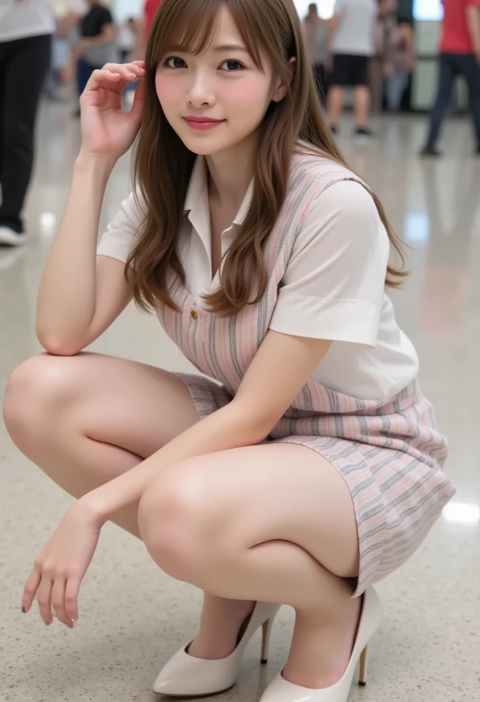 Top Quality, Photorealistic, 8K, High Definition, 1 Girl, Female, (1.8), School, Schoolgirl, Blazer, Uniform, Pubic hair visible, No panties, Skirt boldly pulled up, ((Sit in chair and legs wide open)), Bend your knees and open your legs, Slightly shorter hairstyle, Grab your knees with your hands to open your legs, Buttoned shirt flutters