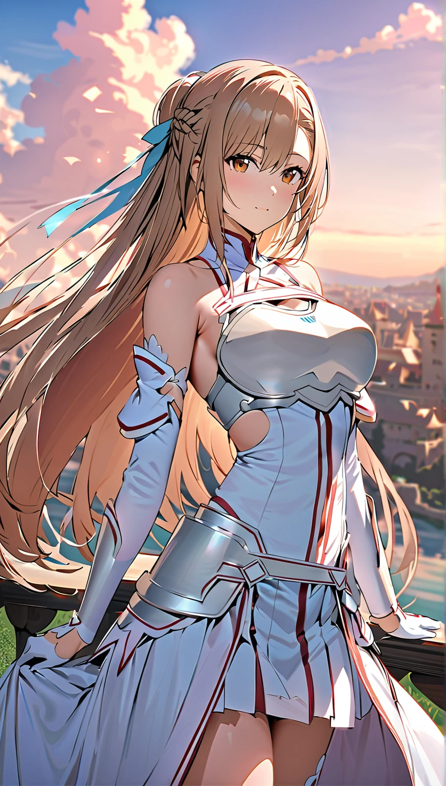 ((masterpiece)), Highest quality, Very detailed,(One Girl),Yuki Asuna、Asuna (stay), brown eyes, bare shoulders, breastplate, armor, detached sleeves, gloves, white gloves, dress, (red and white dress), Long Hair, Beautiful background ,Clothing, chest,