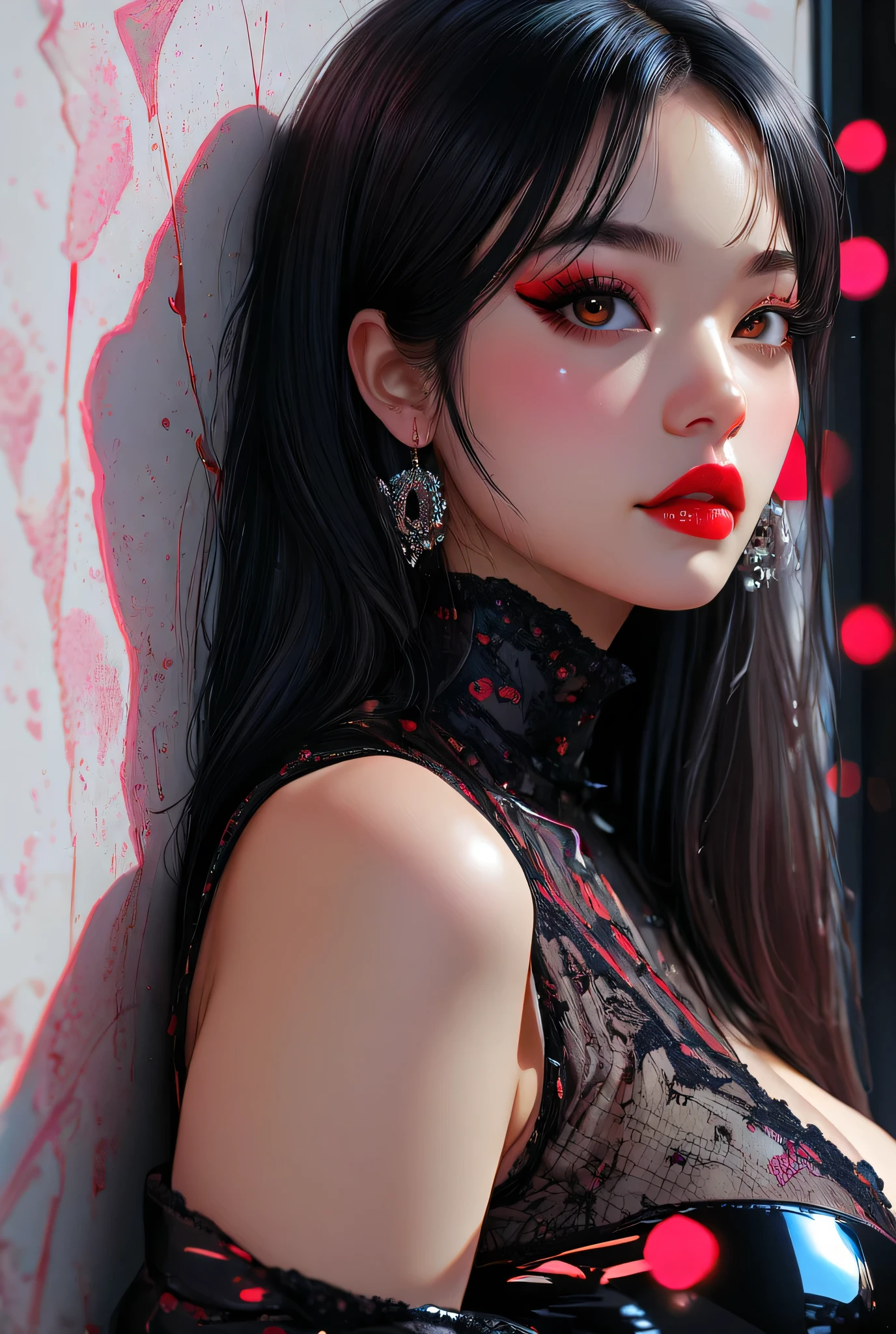 best quality,highres,extreme detail description,Professional,Studio lighting,a character with a dark,wavy hairstyle adorned with red horns,The character has a tattooed face,with intricate designs covering their cheeks,forehead,and neck,They are wearing a black outfit with red accents,and their fingers are covered in multiple rings,The background is a vibrant red,and the overall style of the image is reminiscent of fantasy or anime art,