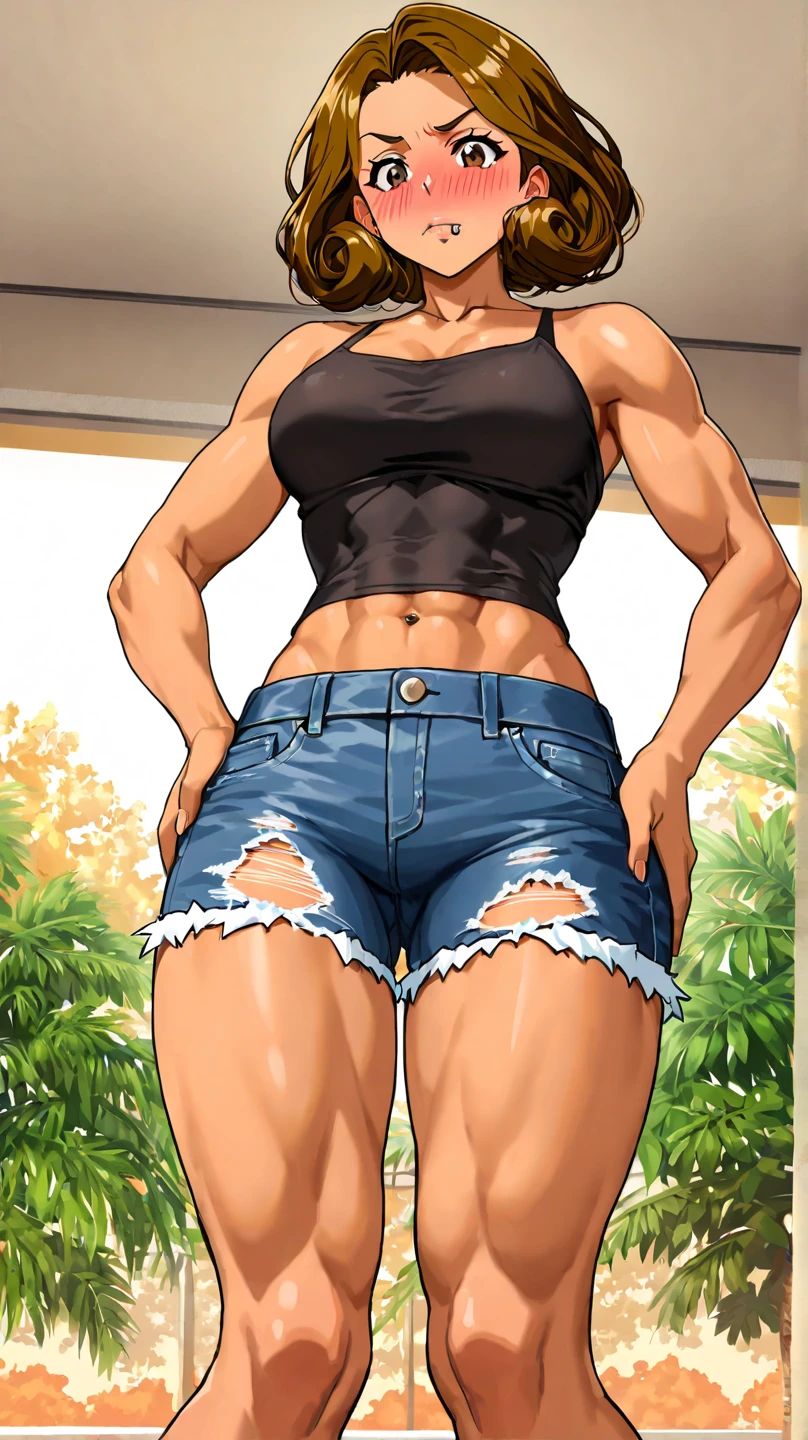 1girl, shiny skin, speedlines, perfect face, intricate details, score_9, score_8_up, score_7_up, rating_explicit, source_anime, Colored, Tomboy, dark skin, messy short hair, shiny black hair, golden yellow eyes, large breasts, Hourglass figure, Athletic body, Slim-fit body, Rural city, arm tattoo, black tank top, blue short jeans, black thong, gray socks, black sneakers, full view