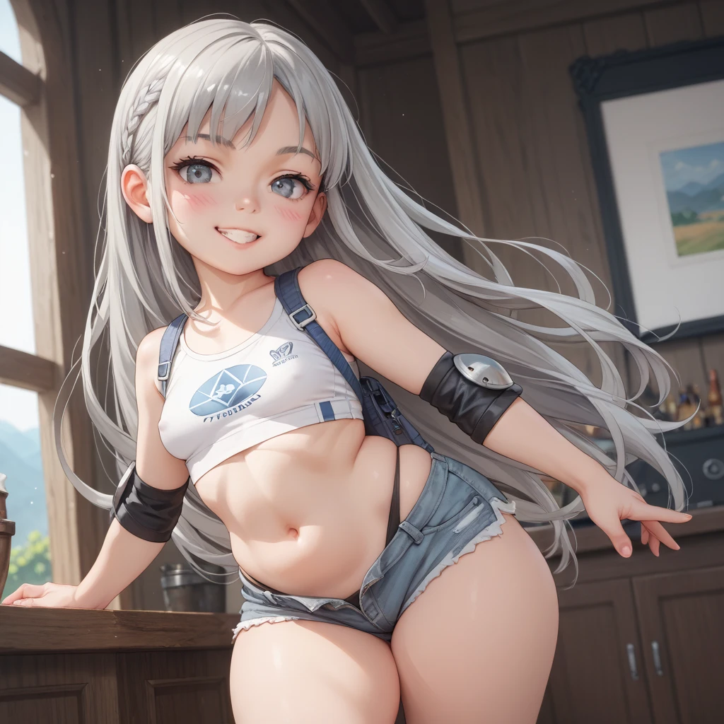 (NFSR8k, Highest quality, masterpiece:1.2), Very detailed, (High brightness:1.3), (High Contrast:1.1), (High chroma:1.1), (Anime screenshots:1.20), ((A girl who is 120cm tall:1.30)), ((hair ornaments:1.2)), (Hair between the eyes, Silver Hair, bangs, Medium Hair), Green Eyes, skin, Front angle, (((Both sides up:1.10))), ((Beautiful Eyes:1.2)), (cute eyes:1.2), ((Eye for details:1.5)), cute, (((((smile:1.30, Open your mouth))))), (((((Poor breasts:1.30))))), (((((Her entire breasts are visible through her tank top:1.40, Nipple peeking))))), (((A black tank top with a very low neckline:1.30))), ((the body is slim:1.10)), ((blush)), (Outdoor, Beach, Day), ((whole body:1.2)), (((((Prostration:1.40, Place your hands on the ground in front of you, Keep your knees on the ground)))), (Shiny skin:1.10), (Oilskin:1.5), (((Basic structure of the human body:1.60))), (((Female organ:1.20))), ((barefoot:1.10))