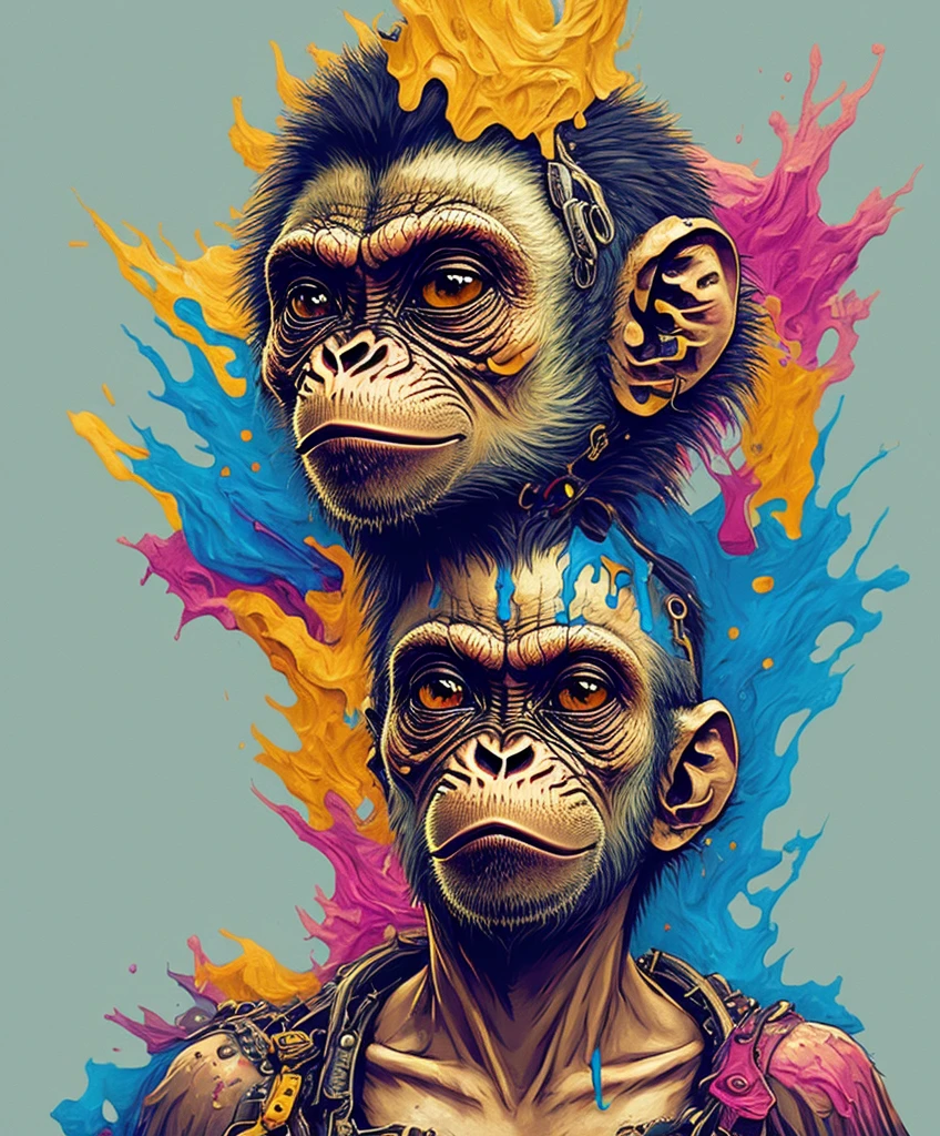 (a portrait of Cyberpunk Monkey with colored fluid), T-shirt logo in tapered thin outline style, spell view, artwork in (empty background:1.4)
