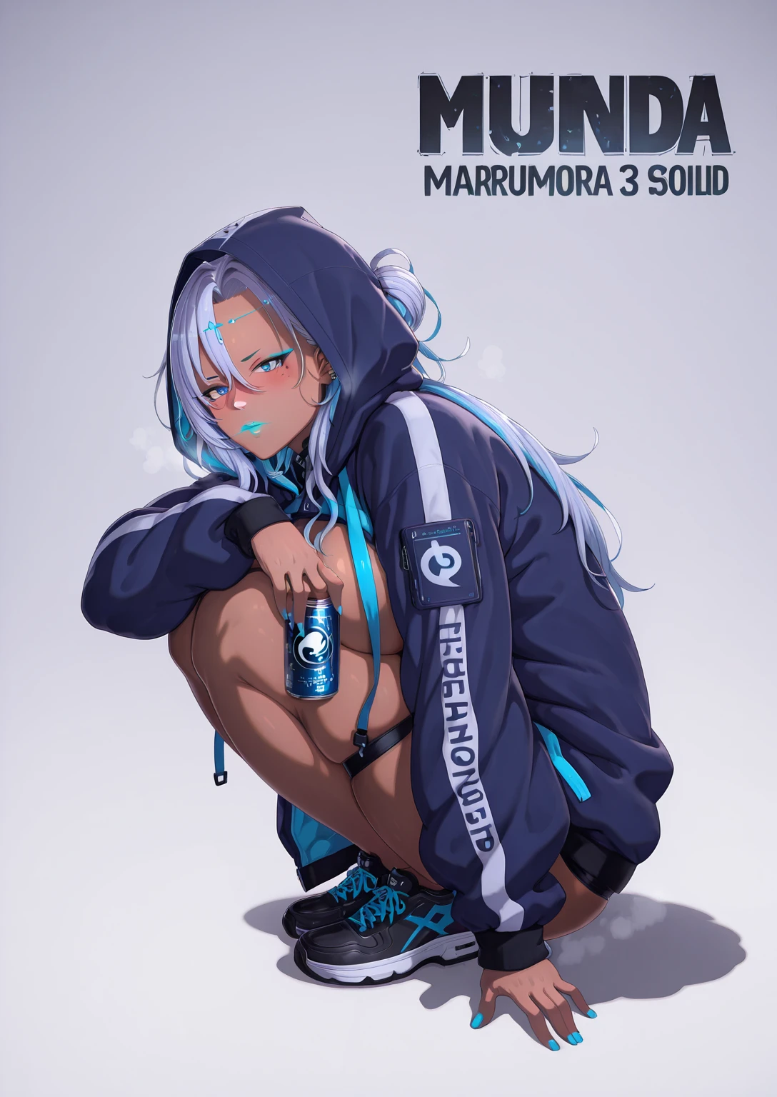 Ruberule, (anime coloring, anime screencap), shiny skin, (marumoru-style:1.8), (horori_(halloweenday309)-style:1.2), (puuzaki_puuna(punopupupu)-style:1.2), (zonda_(solid_air)-style:1.4), ((anatomical correct)), ((Cinematic, unreal engine, eye-catching, ambient occlusion, UHD, masterpiece)), ((perfect lighting, soft shadow)), perfect body, perfect eyes, perfect fingers, gasping, heavy breathing, gasping profusely, ((skindentation)), ((curvy)), deeeyeell, dark skin, dark-skinned female, long hair, grey hair, hair between eyes, half updo, hair intakes, blue eyes, mole under eye, blue eyeliner, big breasts, ear piercing, blue lipstick, blue forehead jewel, blue nails, bright pupils, plump, 1girl, solo, hood, looking_at_viewer, jacket, squatting, shoes, character_name, can, hoodie, holding, blush, black_footwear, closed_mouth, hooded_jacket, hood_up, sneakers, holding_can, simple_background, shaded face, parted lips