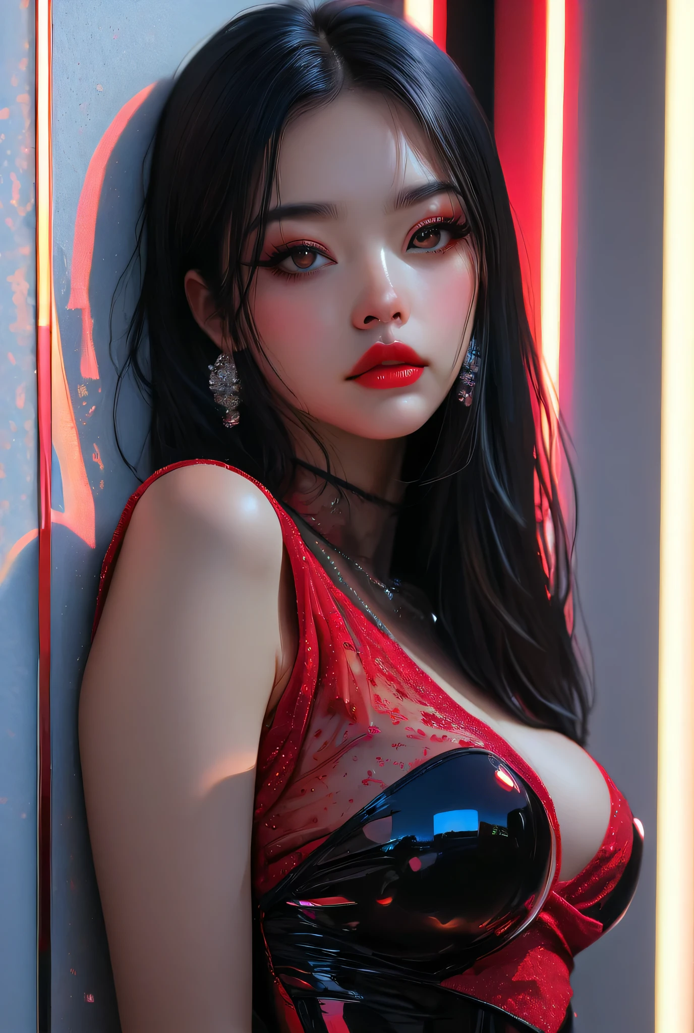 Beautiful black-haired girl with red reflections,  brown eyes, Nice , beautiful face, angelic and tender look, perfect makeup, red lips, she wears fashion style clothes Harajuku is posing  in a photographic style of Japan,  ultra-detailed realistic image  