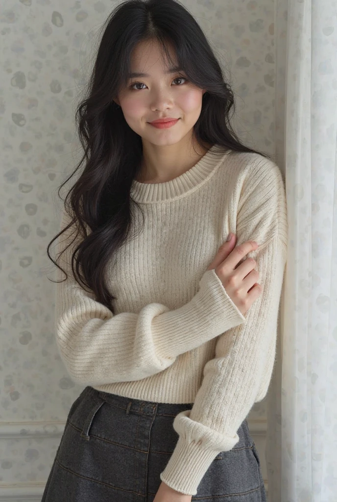 ((Thin long-sleeved knit,、Detailed panties、thighs thighs thighs thighs:1.2))、Moe Sleeve、(realisitic、Photorealsitic、ultra-detailliert、Highest Details Skins、top-quality、​masterpiece、超A high resolution)、Cute Japan Woman、2１age、年轻１People Girls、I have bangs、二重まぶた、drooing eyes、Large black eyes、Japanese style face、Cute smile、Charming、purity、Straight face、double tooth、View here、Realistic skin type