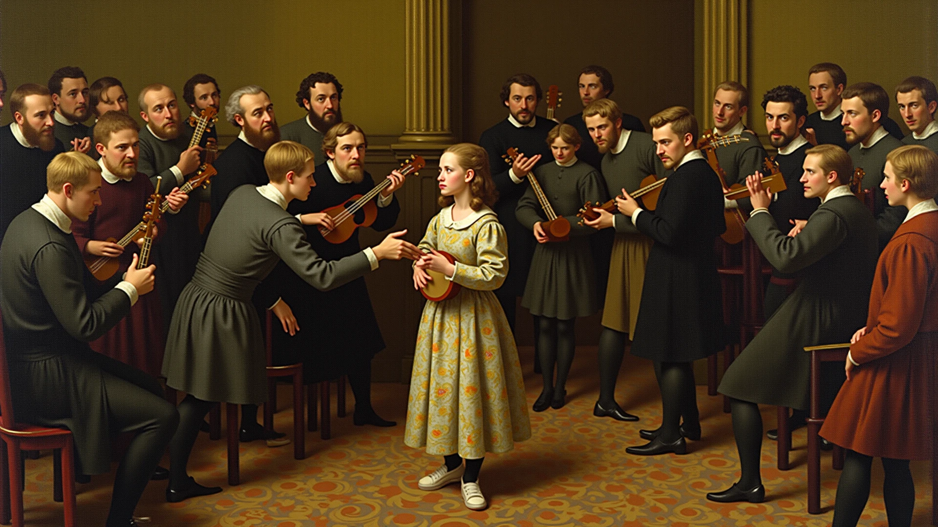 girl at stock exchange, Albert Anker oil painting, digital display