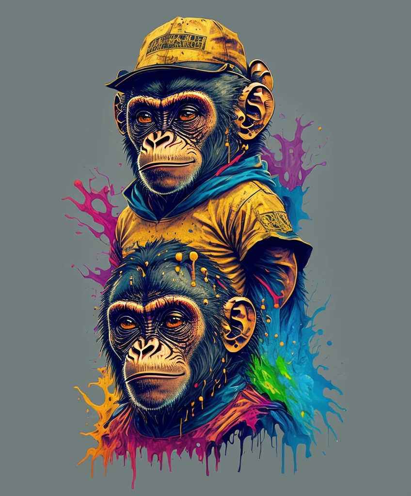 (a portrait of Cyberpunk Monkey with colored fluid), T-shirt logo in tapered thin outline style, spell view, artwork in (empty background:1.4)