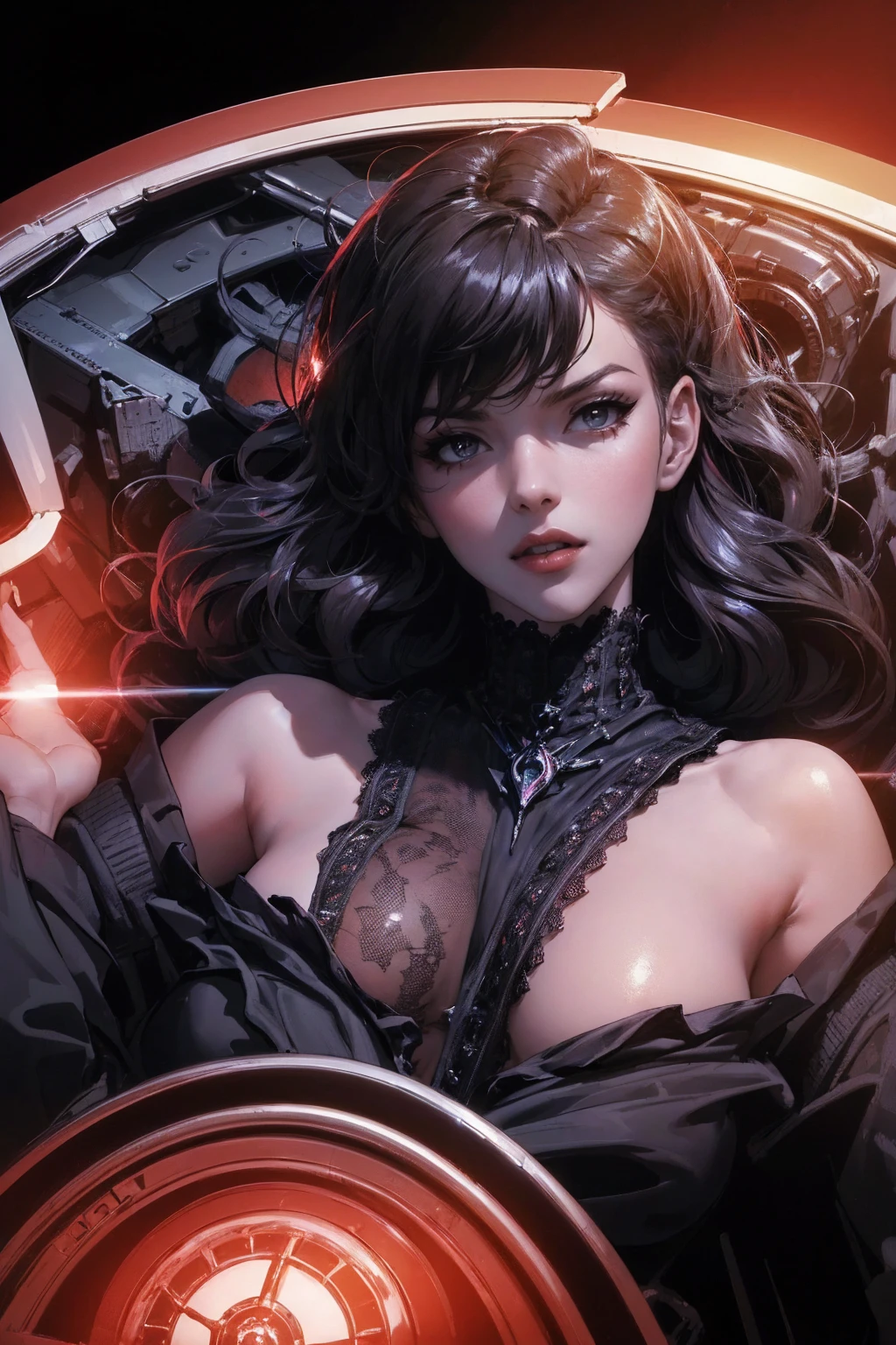 (((masterpiece, Highest quality)))、(((32K Wallpapers)))、The most detailed machine、(((The most complete and detailed red futuristic machine and a woman)))、The most detailed background、(((Flat Chest)))、(((Surrounded by many complex, sophisticated, futuristic machines)))、head shot,((((more various angle))))、((Overall colorfully))、A perfect machine、(((Complete and detailed futuristic face)))、(((The most complete machine of the future)))、Detailed Hair