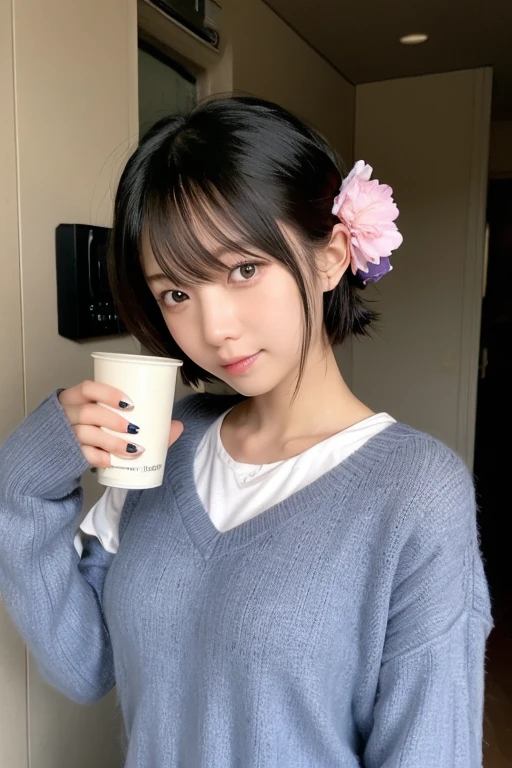 Cute woman wrapped in a fluffy blanket、((25-years old))、japanes、sitting on、1 girl in、Japanese narrow studio apartment、Hold a ceramic coffee cup with both hands、viewer looking down、a picture、35mmfilmg、Sleepy face、short-hair、waved hair、disheveled hair、Fix、no-makeup、Plump lips、Detailed finger
