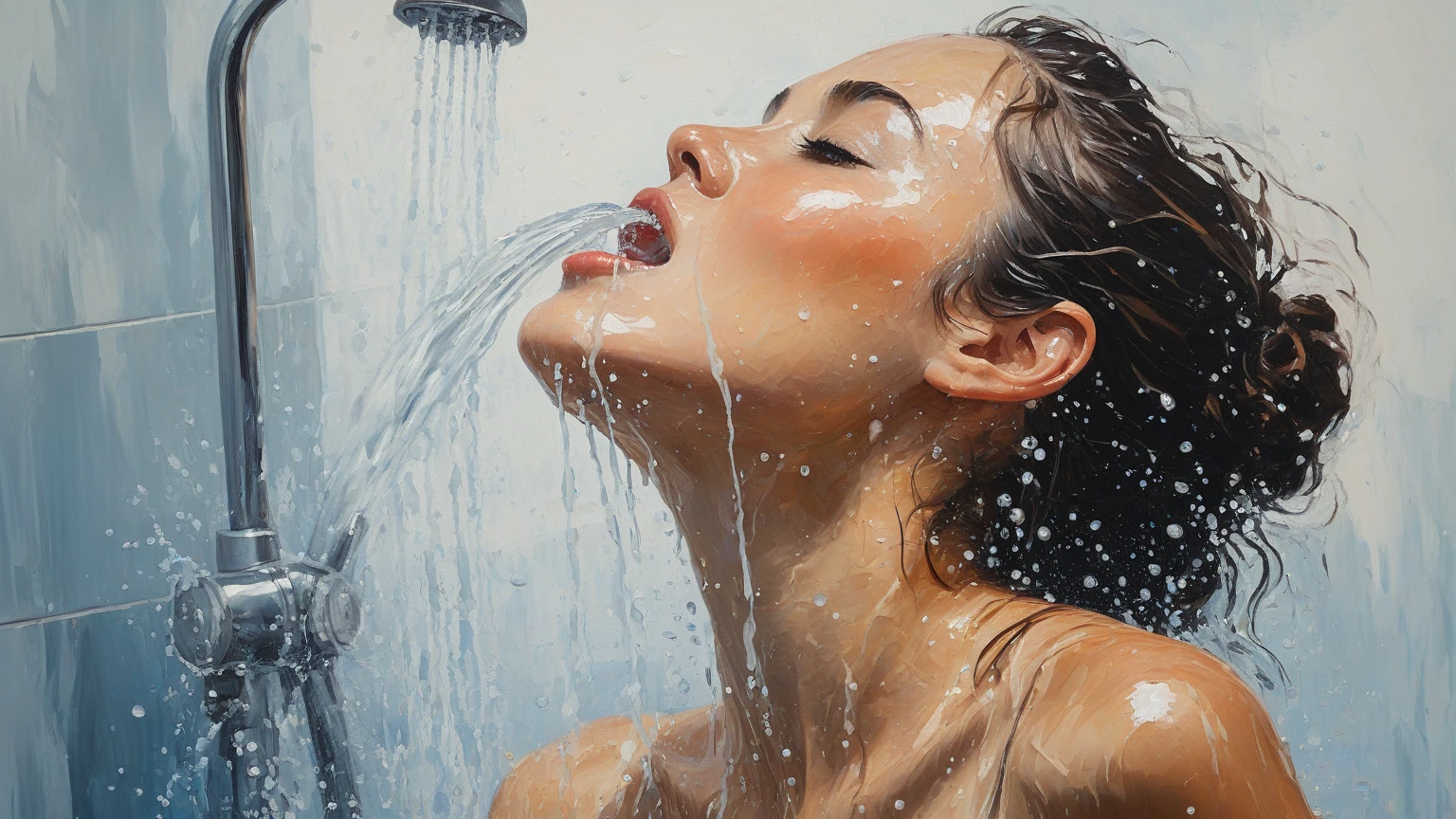 stunning realistic picture, masterpiece, high detail, small strokes, positive and joyful tones, use soft pink color, Gorgeous woman, naked in the shower, washes in jets of water, hands raised above her head she washes her hair, butt turned towards me, face profile, luxury bathroom, full length knee length view, mini panties fishnet, brut style art, characterized by bright and delicate colors, thick textured paint, intense black strokes, and amazed details ral-drptpl , I look from below my knees and above