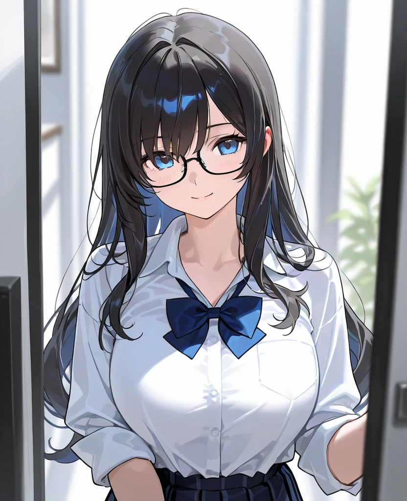 (High quality, 8ก, 4K, high contrast, Masterpiece:1.2, 最High quality, The best aesthetics ), beauty, very detailed, Sexy and erotic girls, (large breasts, long black hair , High ponytail , I have a lifted forehead. , Brush your hair over one eye. , Blue hair bow , blue eyes ) , Girl 1 , white shirt , black skirt , Black tie , Wear round glasses , Height 166 , Gentle face