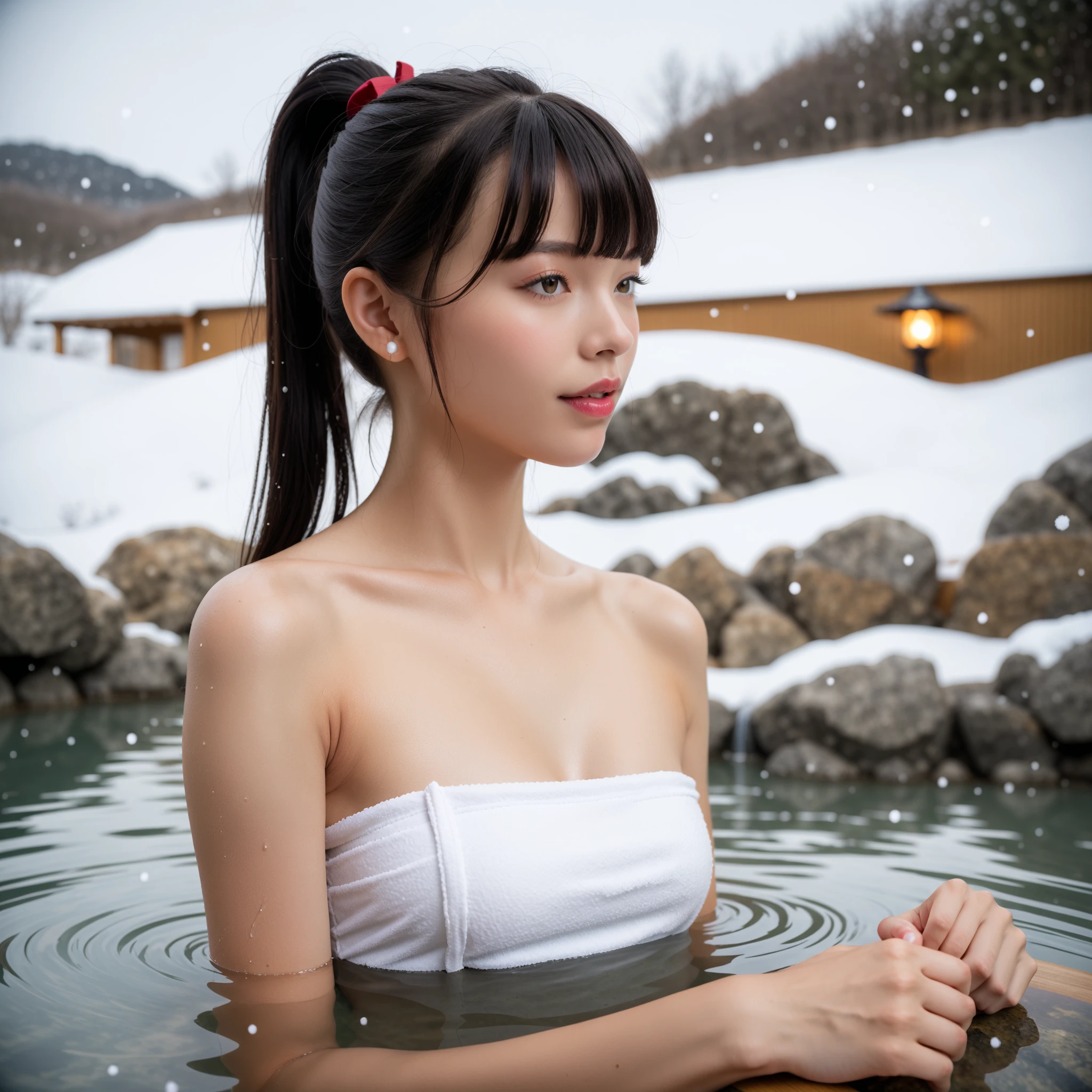 Hot spring immersion Naked Nipples Pussy Secret hot spring Foothills snow woman White Hair White skin
